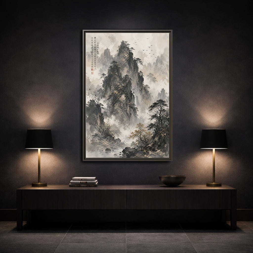 Mockup 3. Nature Mountain Landscape Grey And Gold Mountain shown as stretched canvas wall art