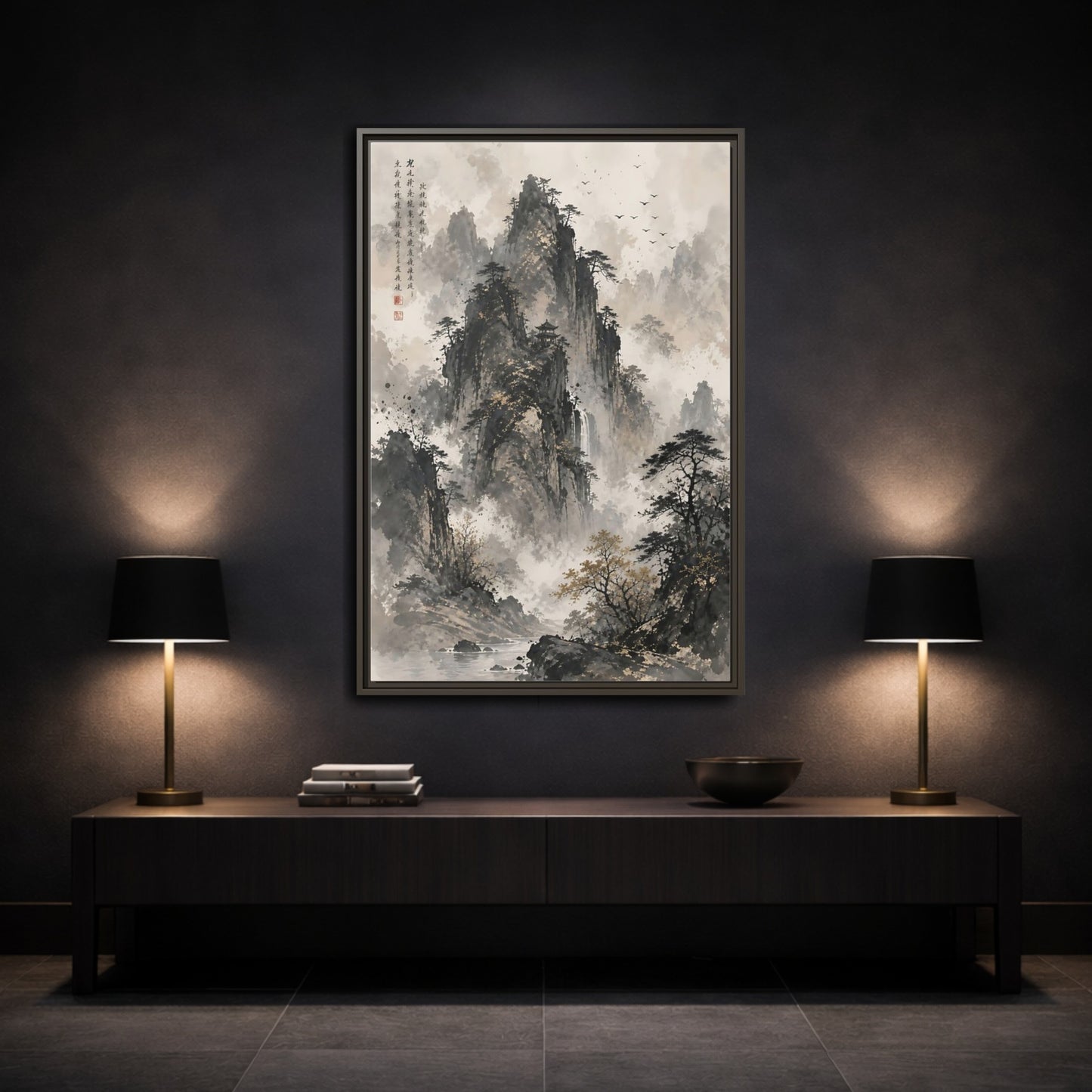 Nature Mountain Landscape Grey and Gold Framed Canvas Wall Art - Living Room Decor Above Couch shown as canvas wall art