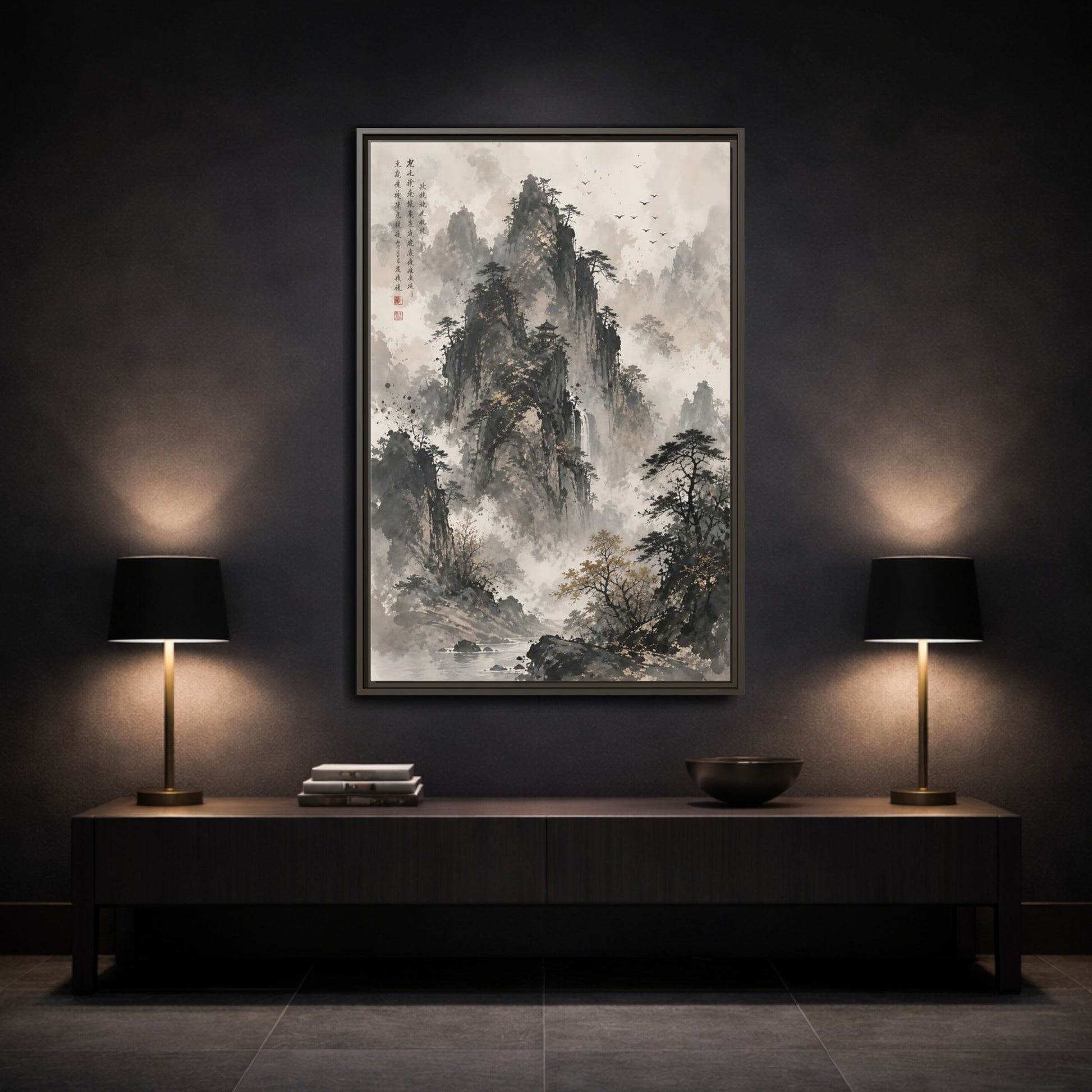 Nature Mountain Landscape Grey and Gold Framed Canvas Wall Art - Living Room Decor Above Couch shown as canvas wall art