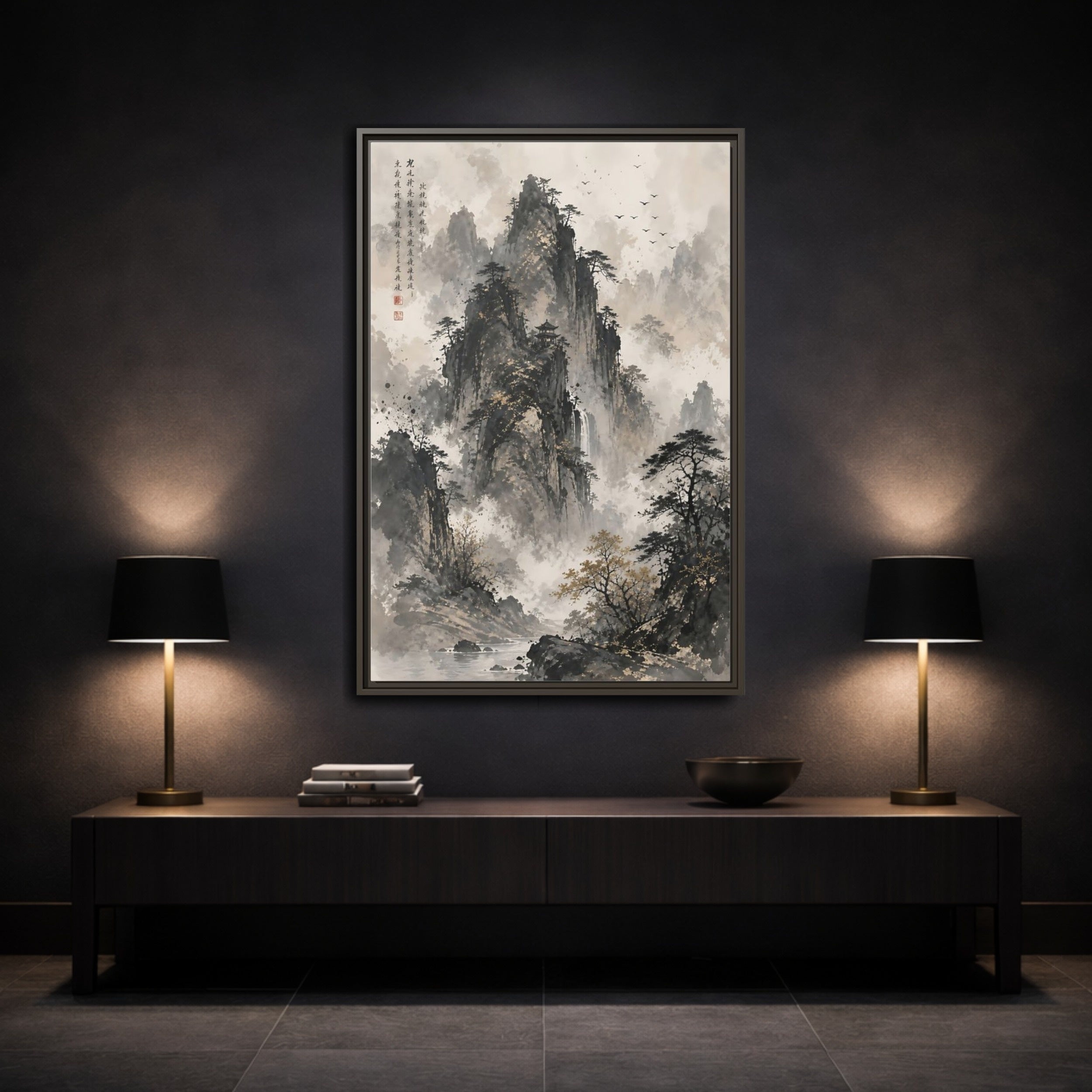 Mockup 3. Nature Mountain Landscape Grey And Gold Mountain shown as stretched canvas wall art