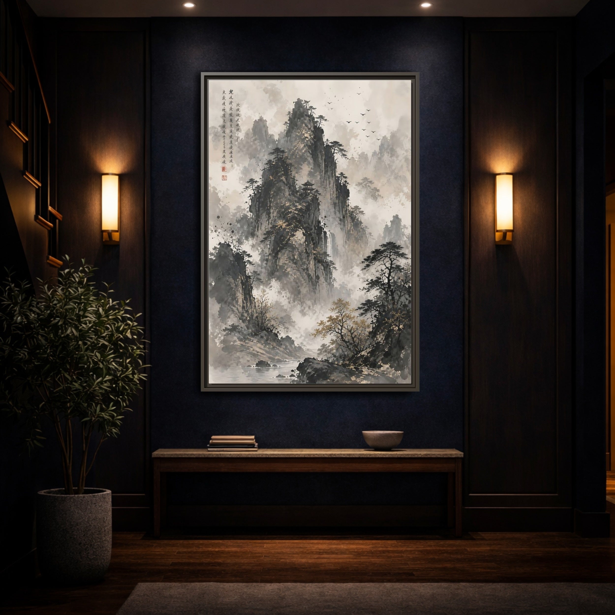 Mockup 4. Nature Mountain Landscape Grey And Gold Mountain shown as stretched canvas wall art