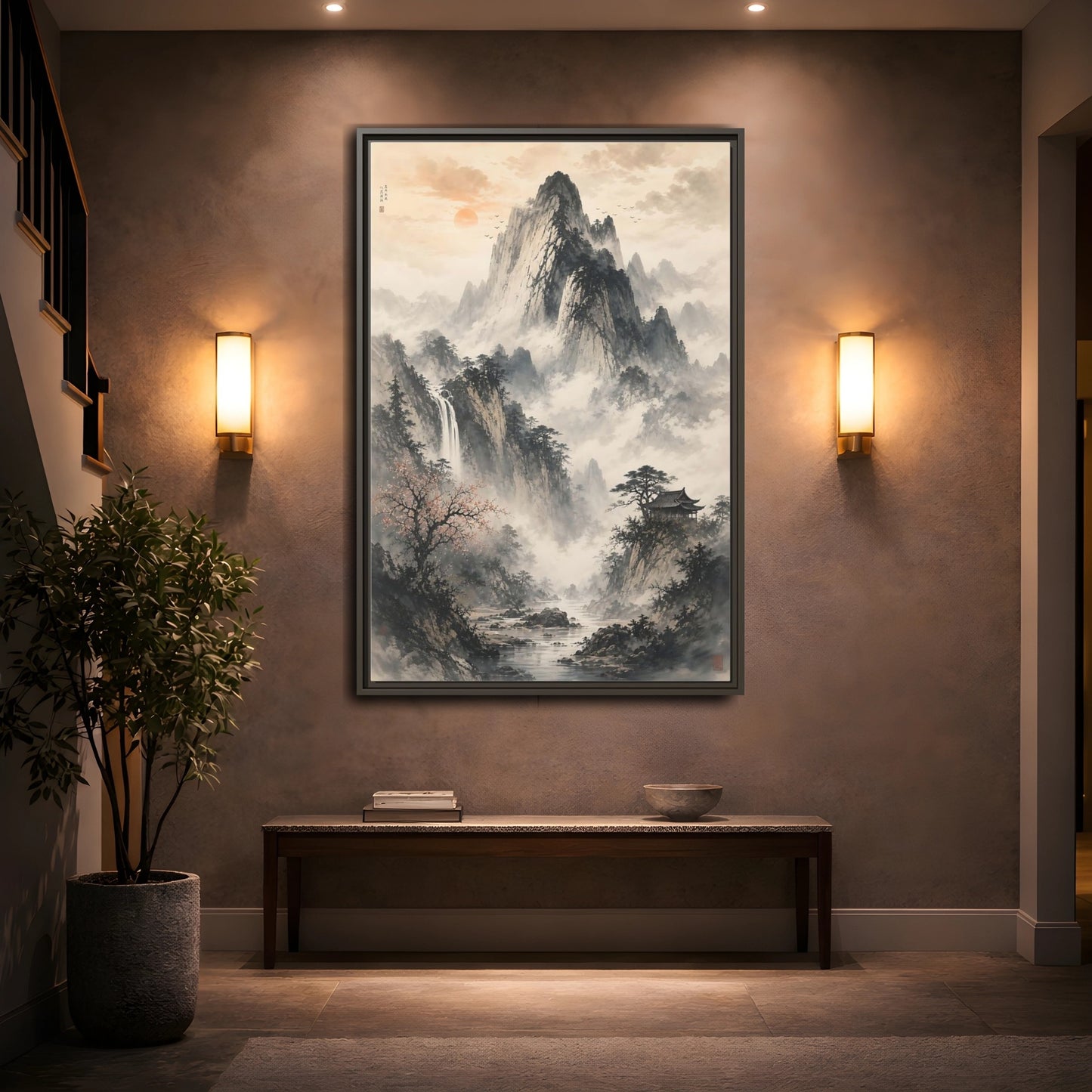 Nature Mountain Landscape Grey Framed Canvas Wall Art - Ink Wash Living Room Above Couch shown as canvas wall art