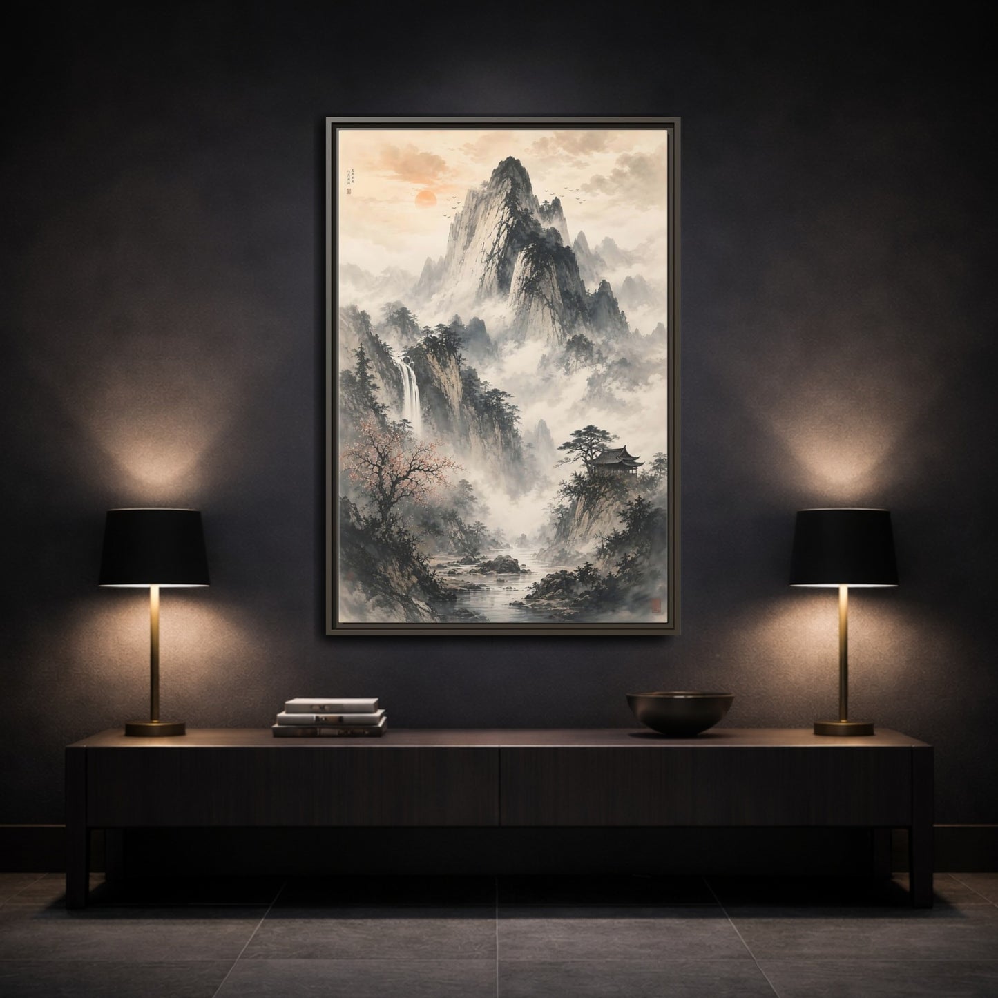 Nature Mountain Landscape Grey Framed Canvas Wall Art - Ink Wash Living Room Above Couch shown as canvas wall art