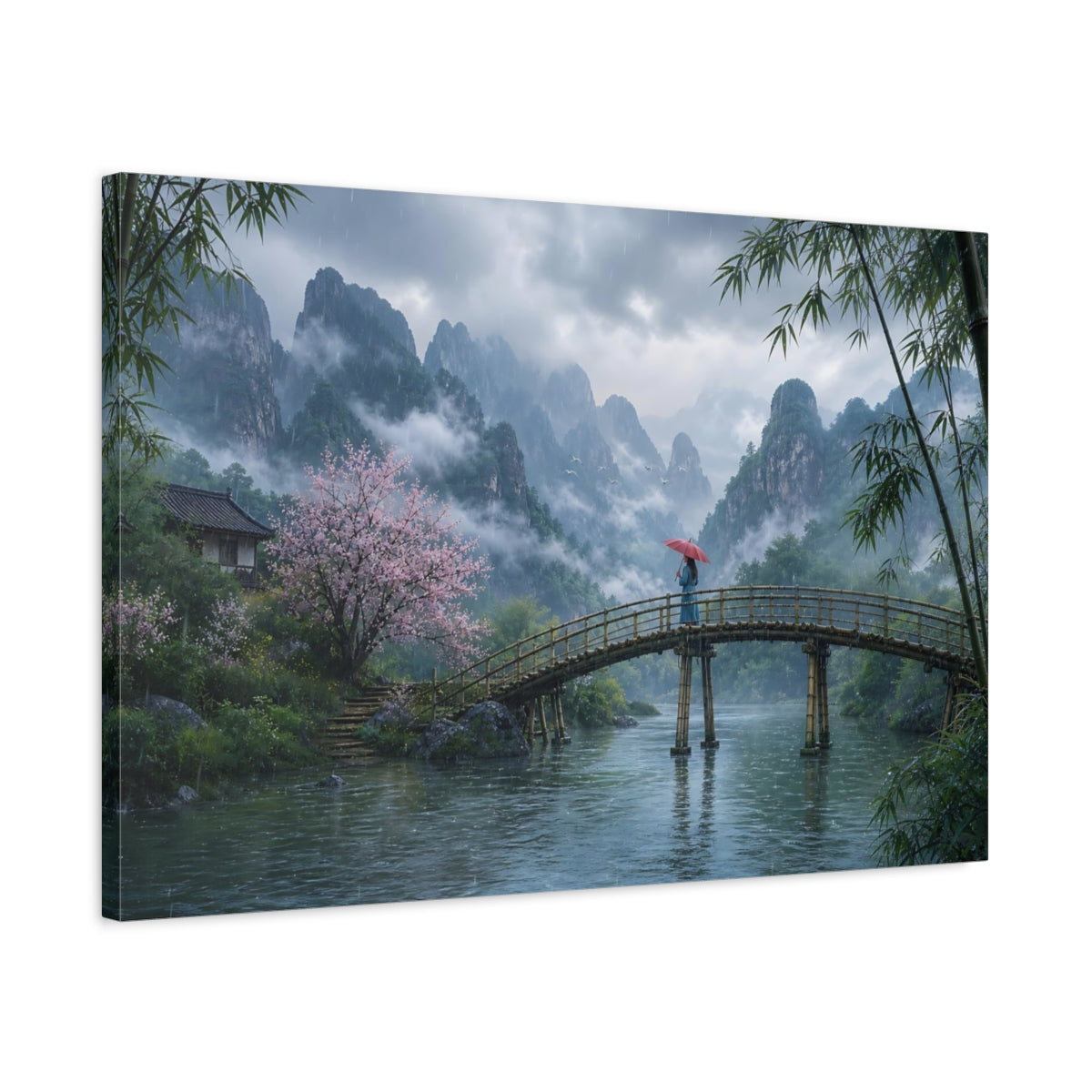 Side Mockup 2. Nature Mountain Landscape Misty Asian Landscape shown as stretched canvas wall art