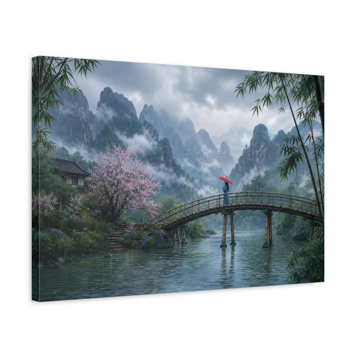 Side Mockup 3. Nature Mountain Landscape Misty Asian Landscape shown as stretched canvas wall art