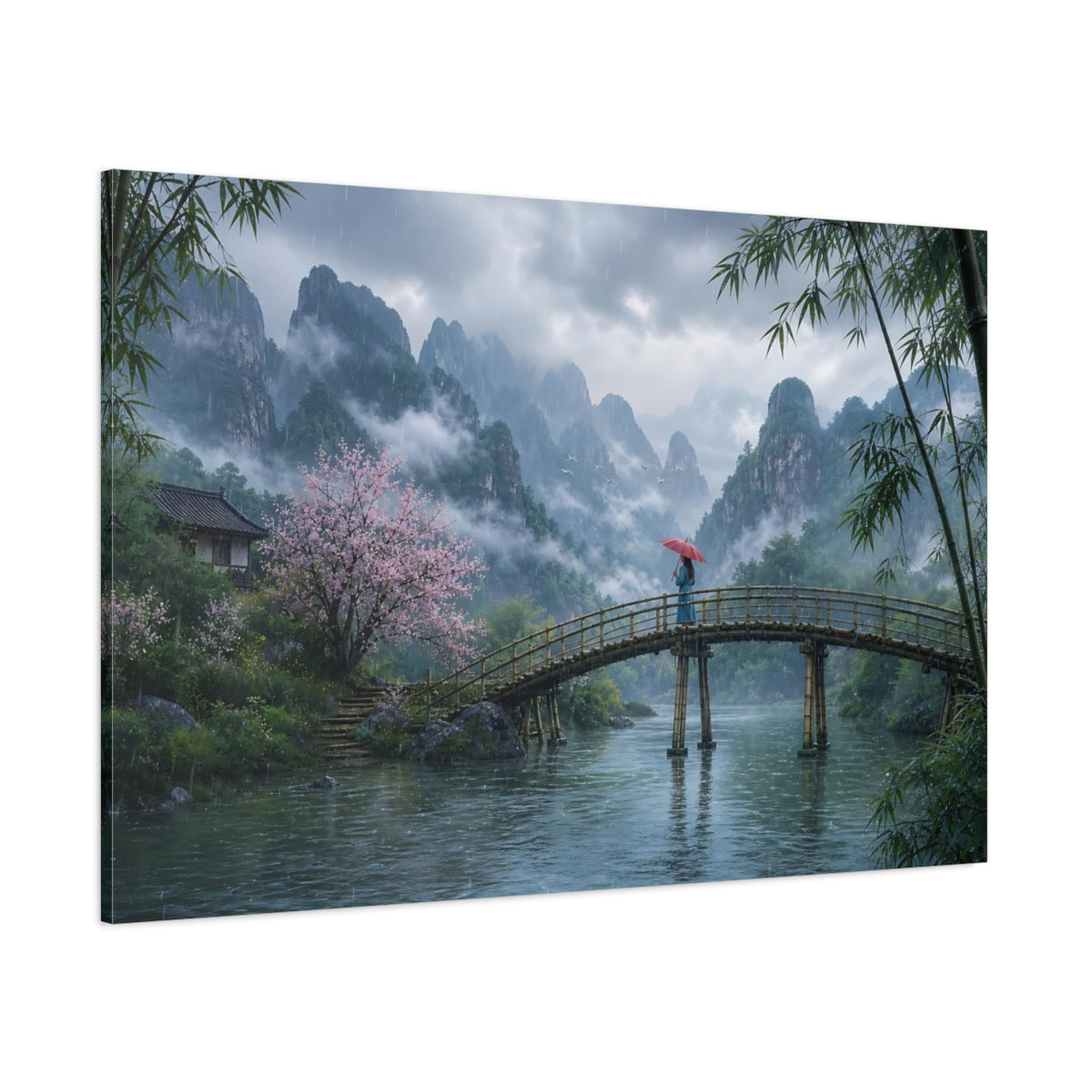 Side Mockup 1. Nature Mountain Landscape Misty Asian Landscape shown as stretched canvas wall art