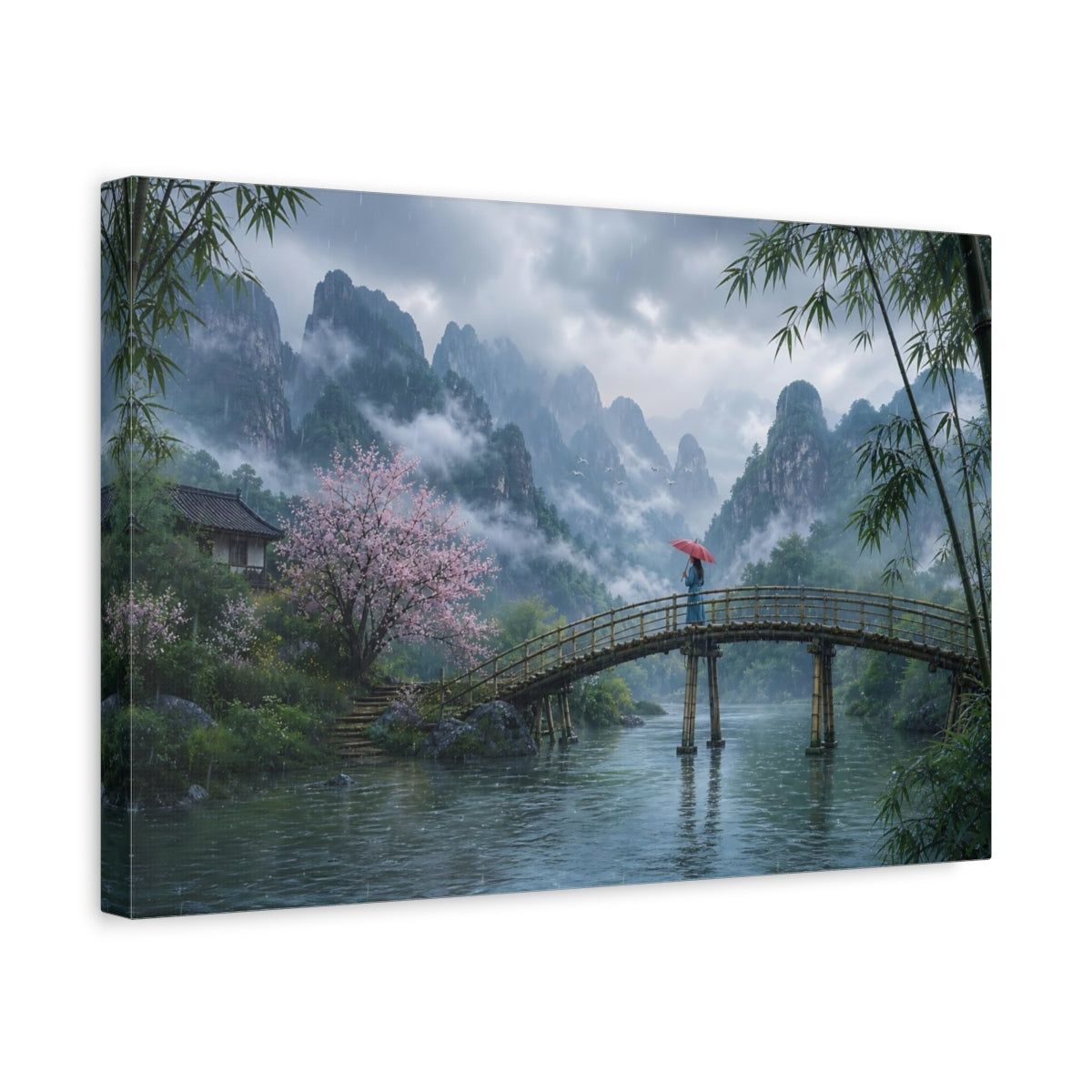 Side Mockup 4. Nature Mountain Landscape Misty Asian Landscape shown as stretched canvas wall art
