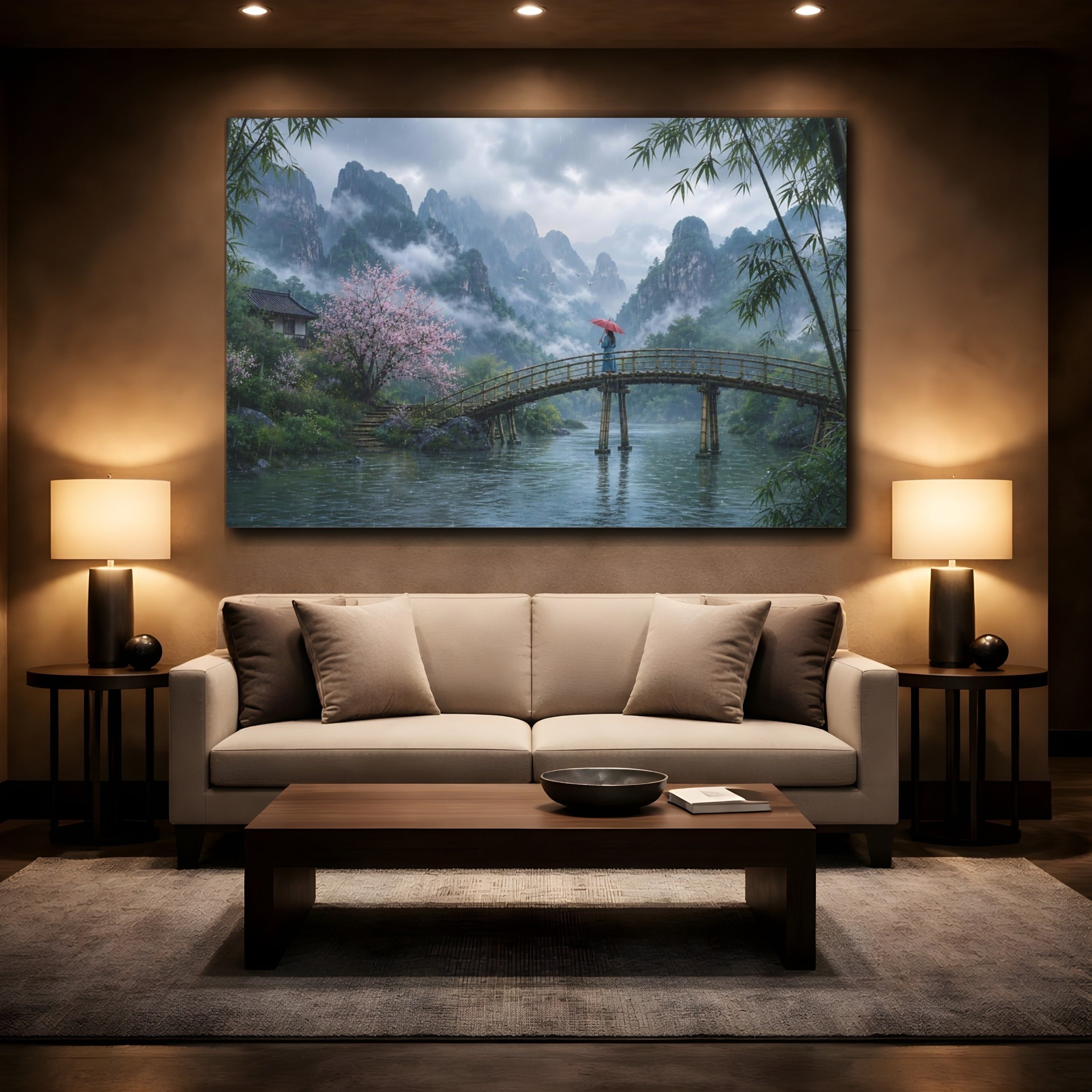 Mockup 2. Nature Mountain Landscape Misty Asian Landscape shown as stretched canvas wall art