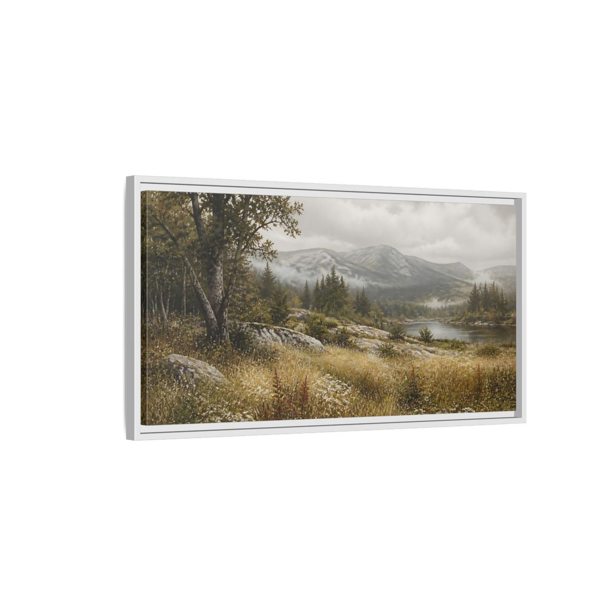 Side Mockup 1. Nature Mountain Landscape Misty Landscape shown as stretched canvas wall art
