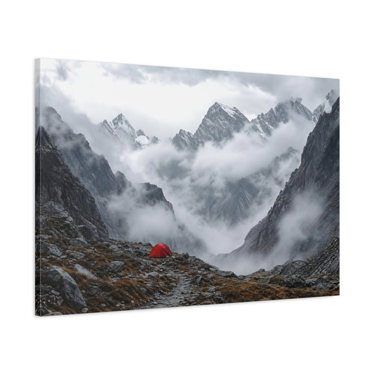 Main Mockup. Nature Mountain Landscape Misty Mountain Tent shown as stretched canvas wall art