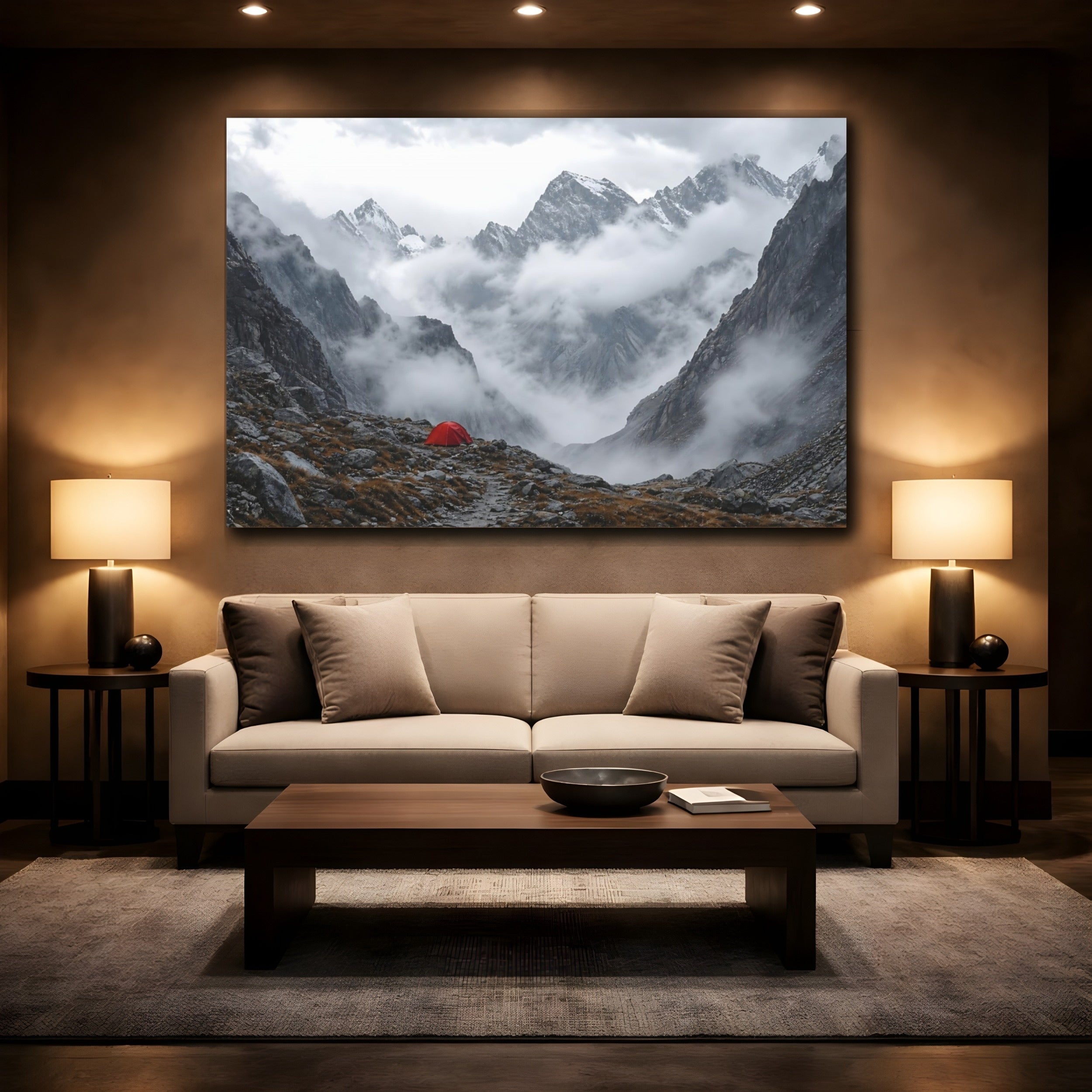 Mockup 2. Nature Mountain Landscape Misty Mountain Tent shown as stretched canvas wall art