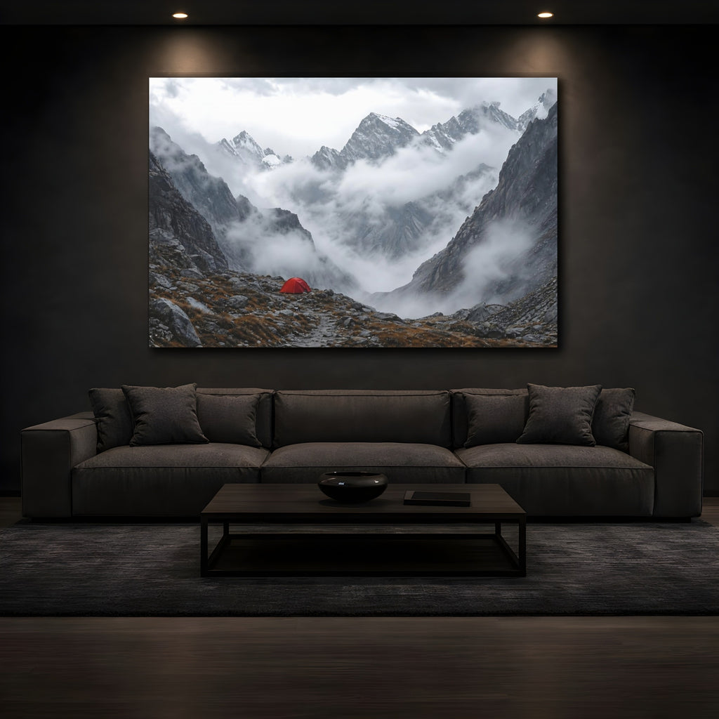 Mockup 3. Nature Mountain Landscape Misty Mountain Tent shown as stretched canvas wall art