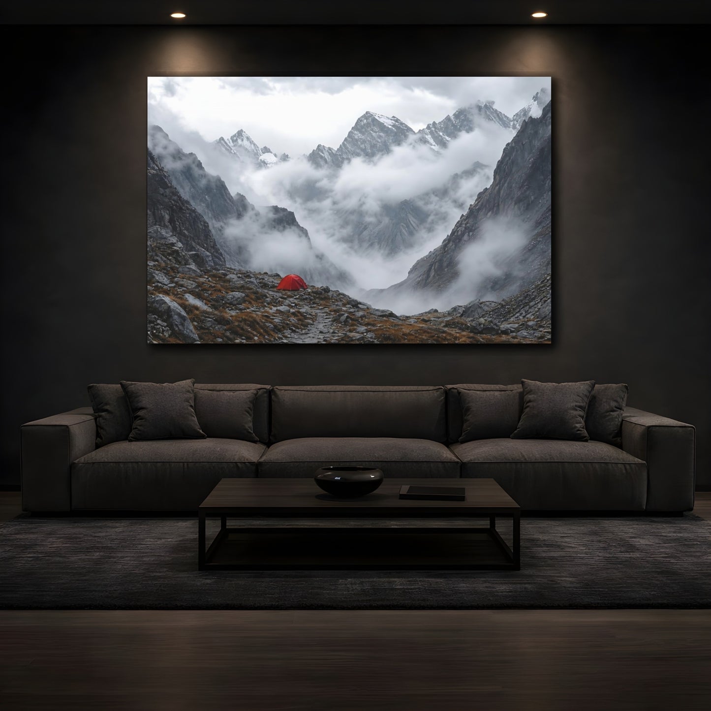 Mockup 3. Nature Mountain Landscape Misty Mountain Tent shown as stretched canvas wall art