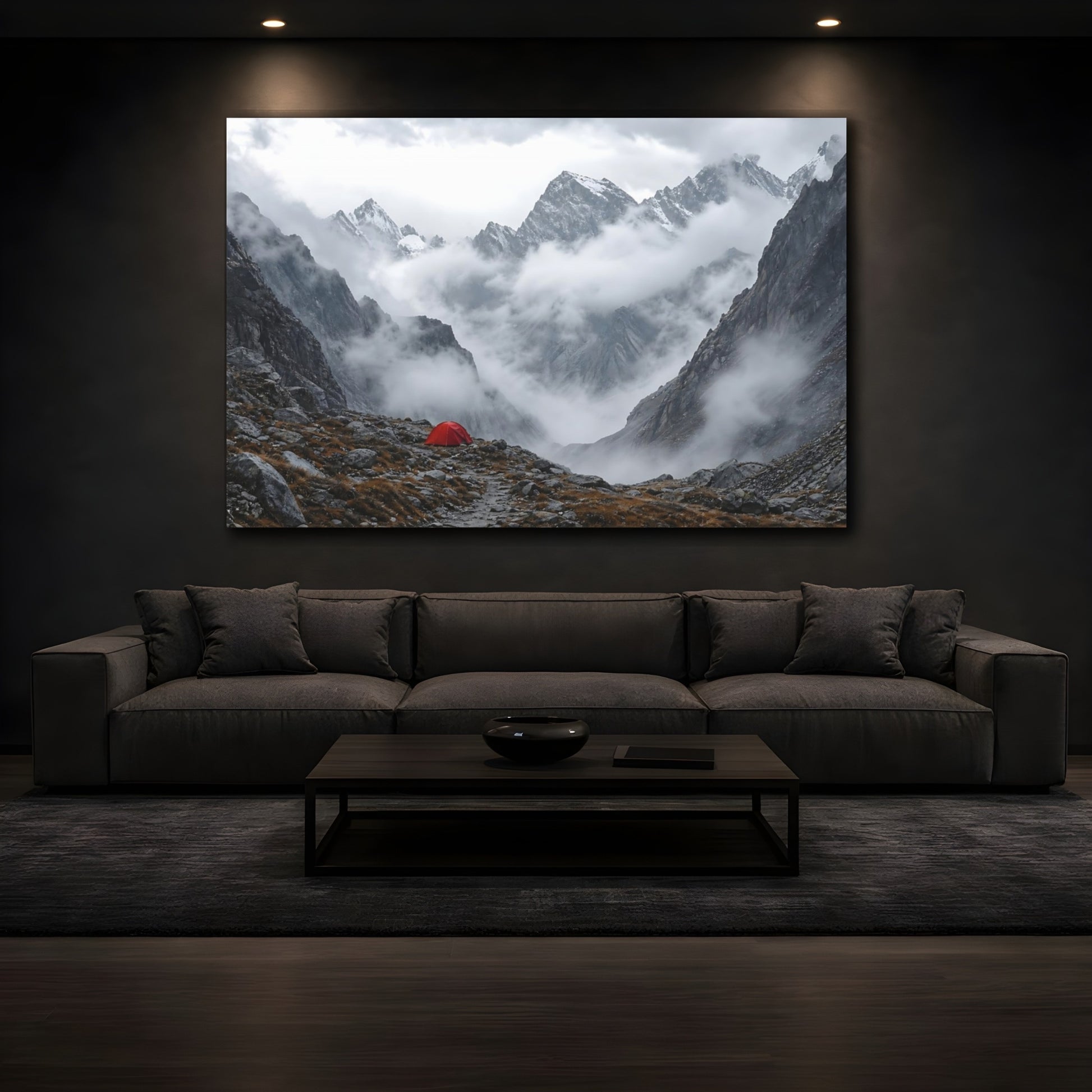 Mockup 3. Nature Mountain Landscape Misty Mountain Tent shown as stretched canvas wall art