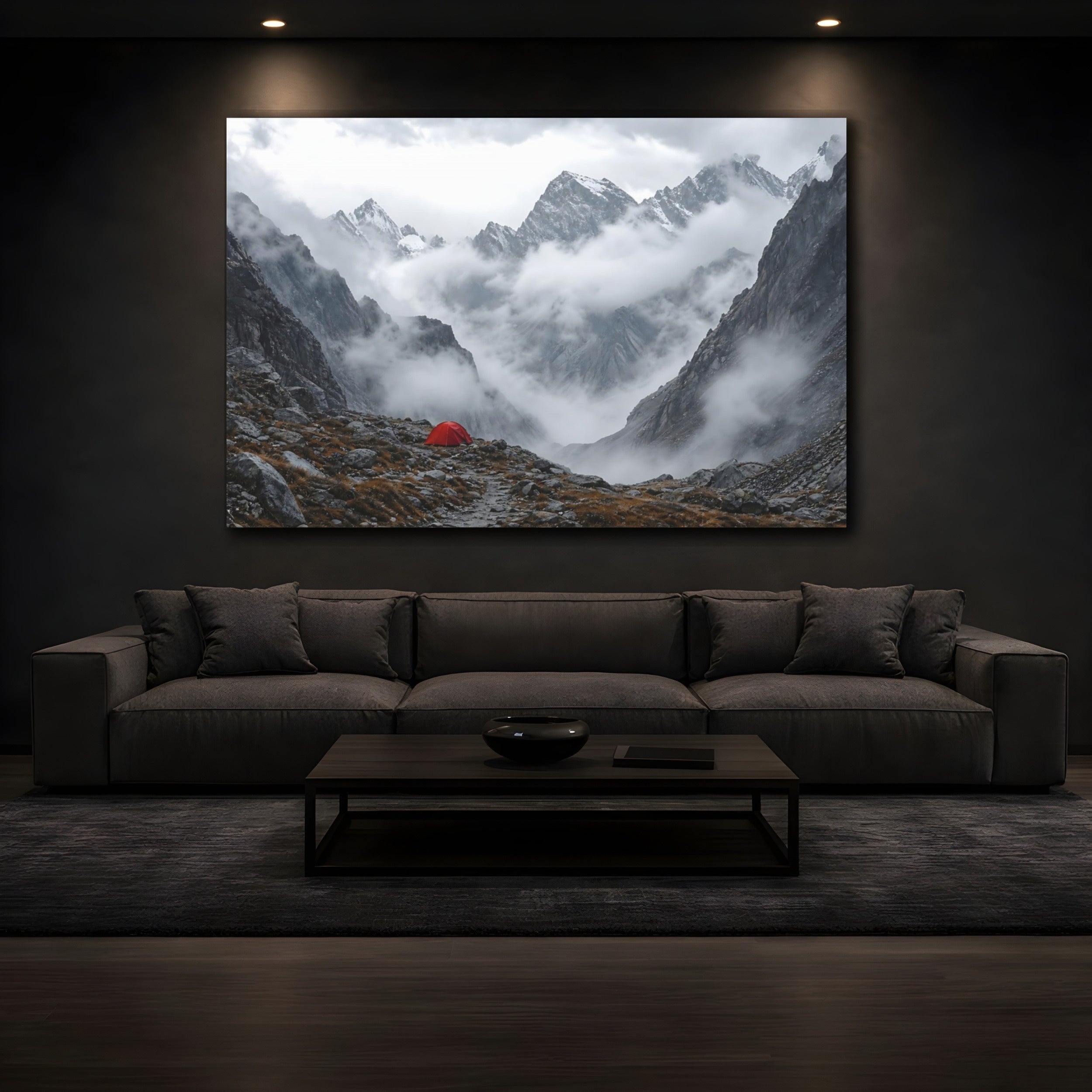 Mockup 3. Nature Mountain Landscape Misty Mountain Tent shown as stretched canvas wall art