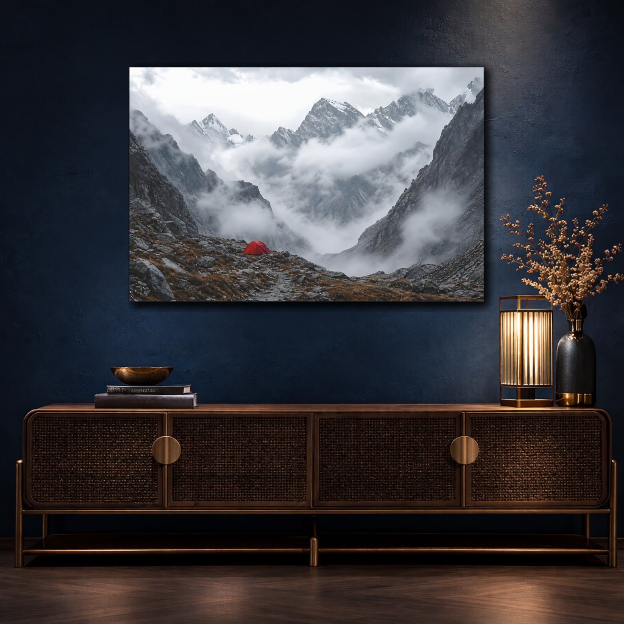 Mockup 4. Nature Mountain Landscape Misty Mountain Tent shown as stretched canvas wall art