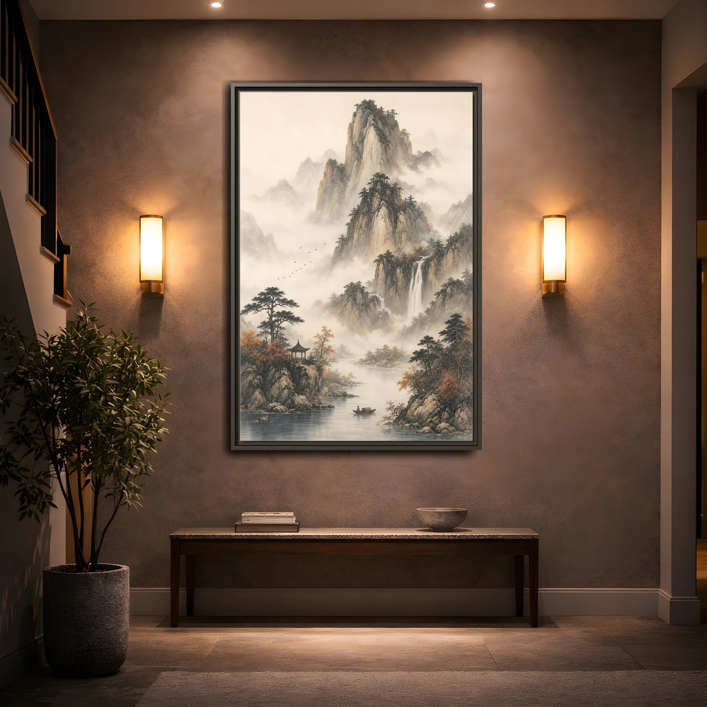 Mockup 2. Nature Mountain Landscape Misty Mountains shown as stretched canvas wall art