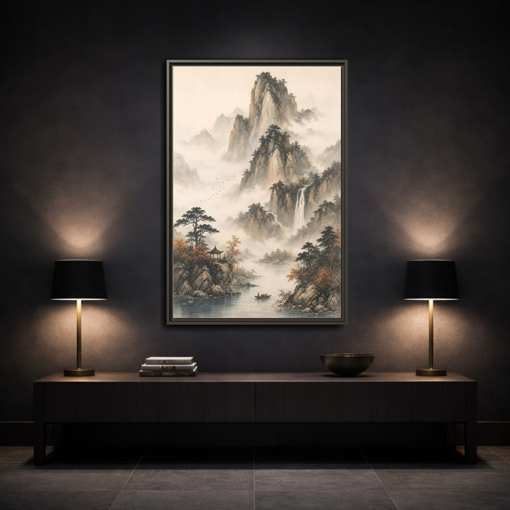 Mockup 3. Nature Mountain Landscape Misty Mountains shown as stretched canvas wall art