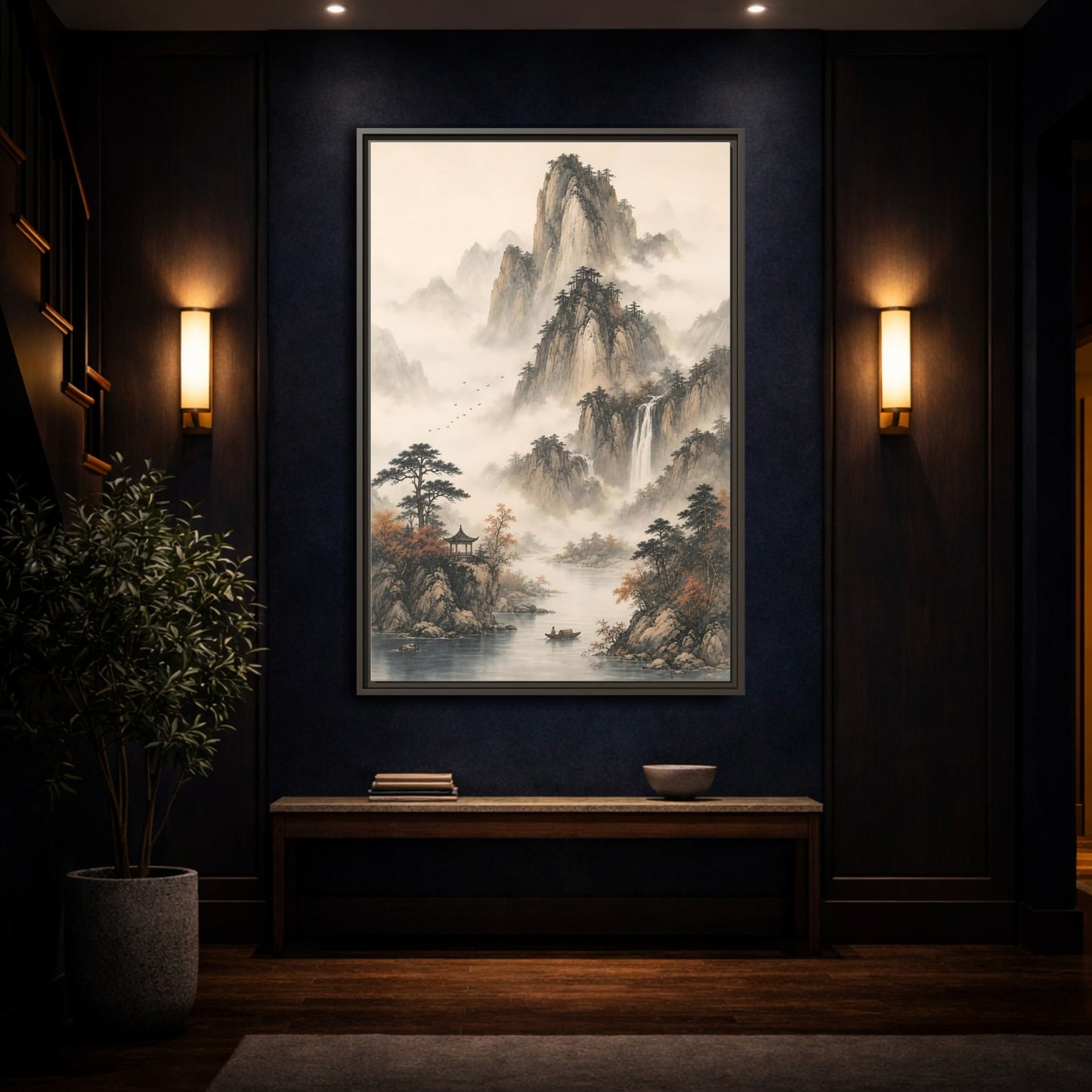 Mockup 4. Nature Mountain Landscape Misty Mountains shown as stretched canvas wall art