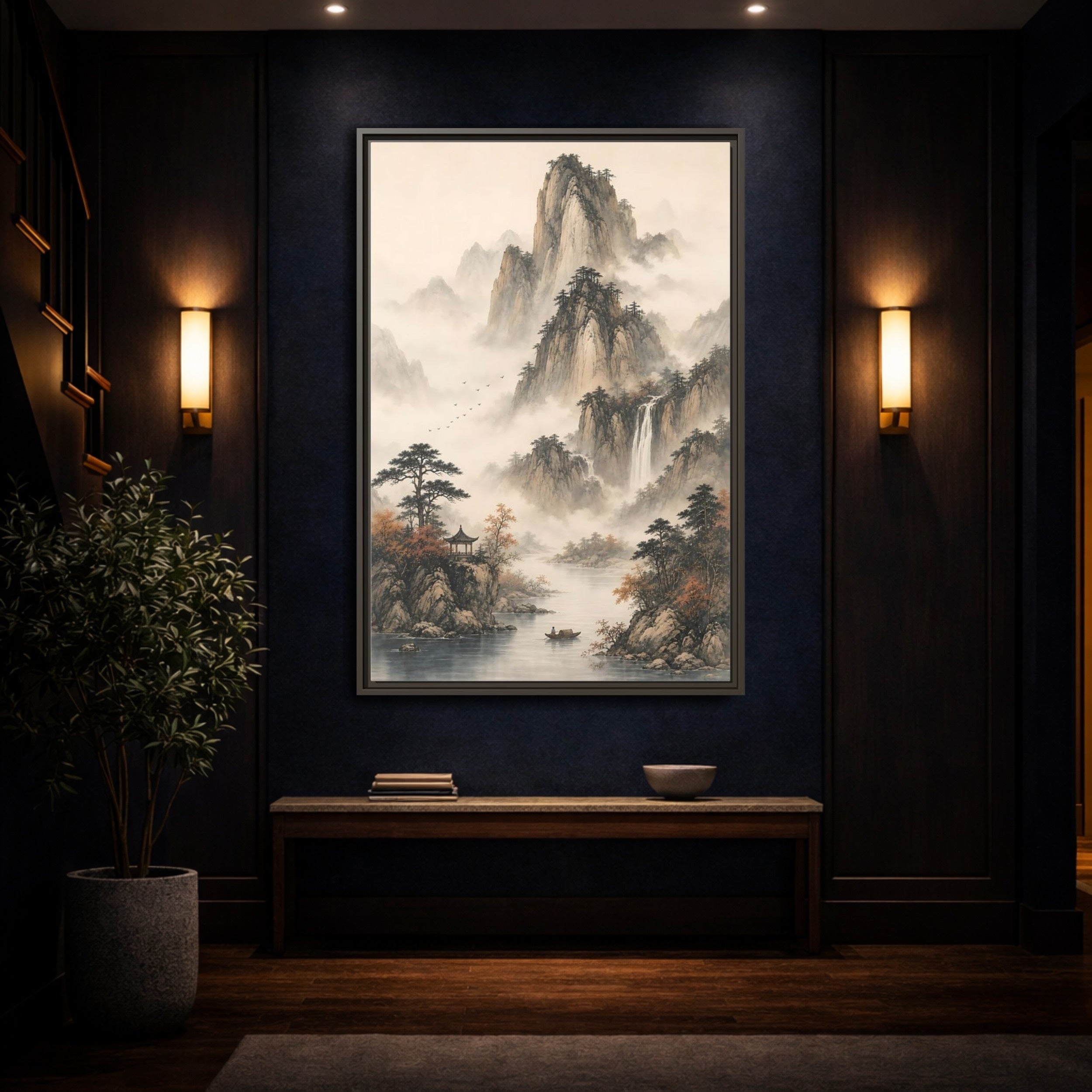 Mockup 4. Nature Mountain Landscape Misty Mountains shown as stretched canvas wall art