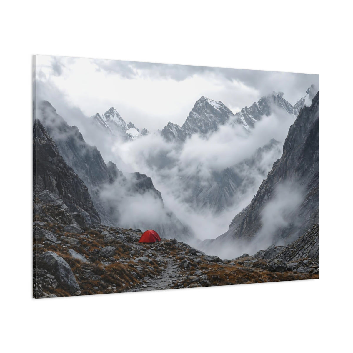 Side Mockup 1. Nature Mountain Landscape Misty Mountain Tent shown as stretched canvas wall art