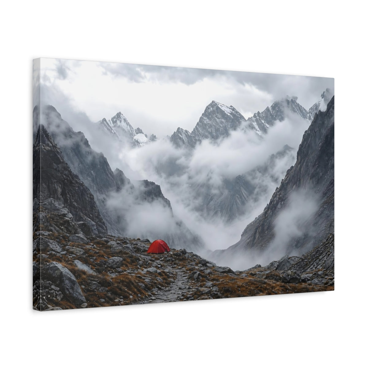 Side Mockup 3. Nature Mountain Landscape Misty Mountain Tent shown as stretched canvas wall art