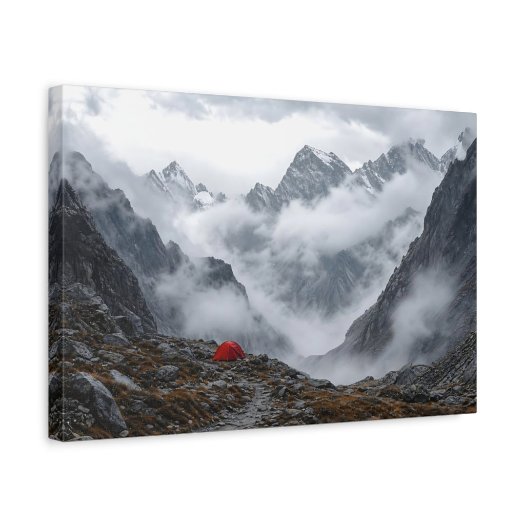 Side Mockup 4. Nature Mountain Landscape Misty Mountain Tent shown as stretched canvas wall art