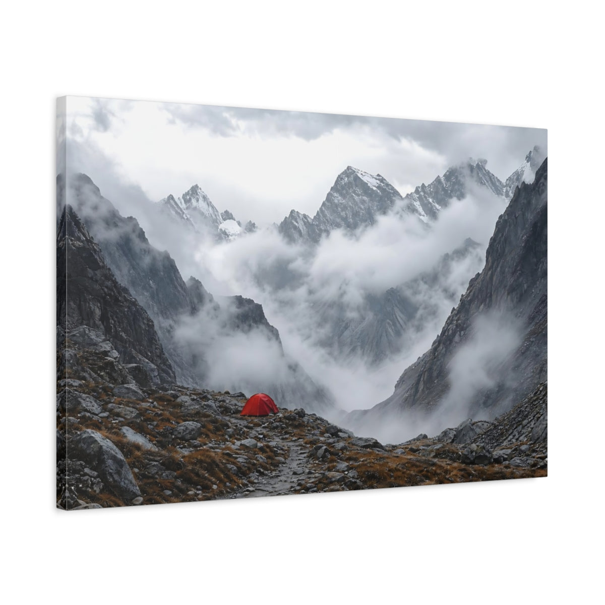Side Mockup 2. Nature Mountain Landscape Misty Mountain Tent shown as stretched canvas wall art