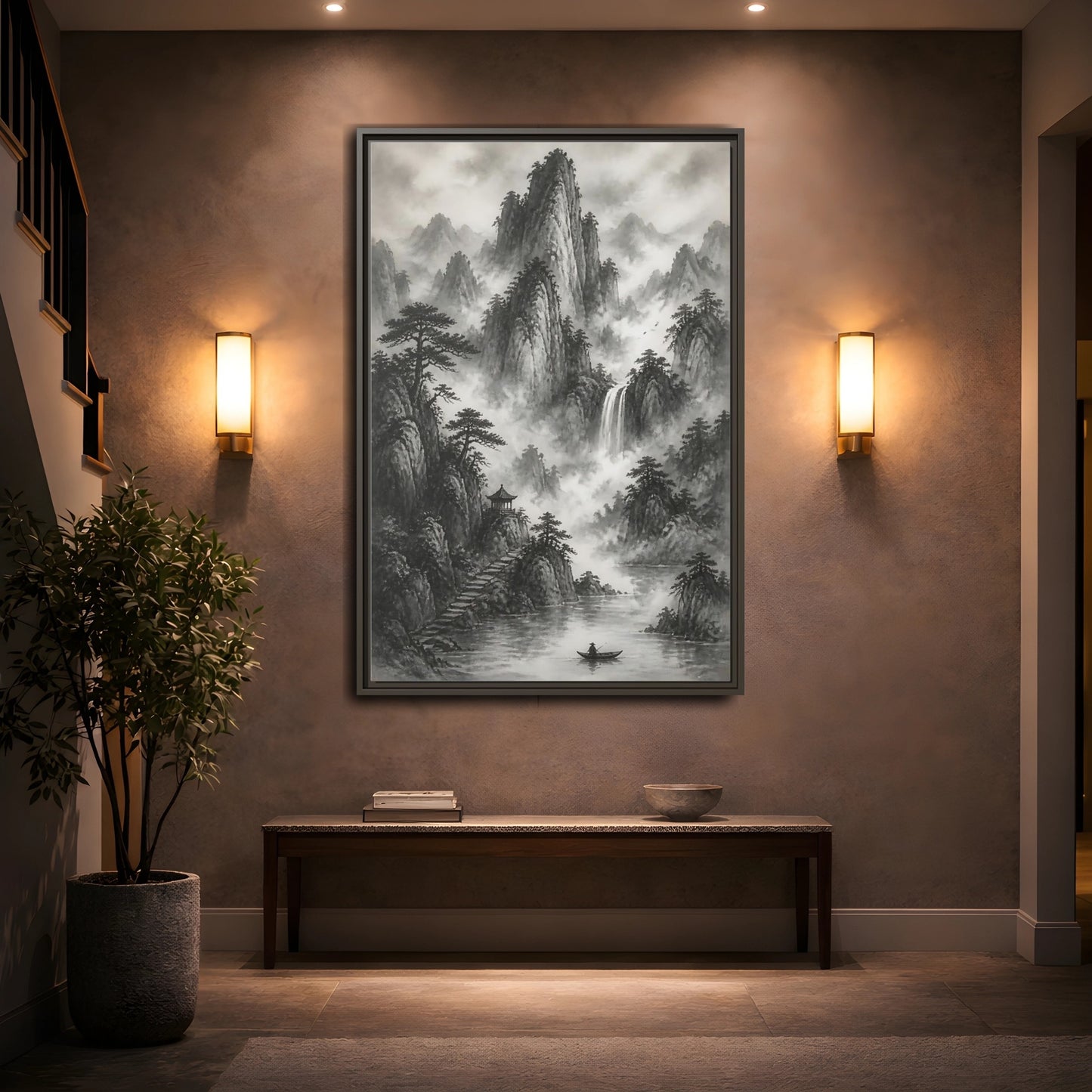 Mockup 2. Nature Mountain Landscape Monochrome Landscape shown as stretched canvas wall art
