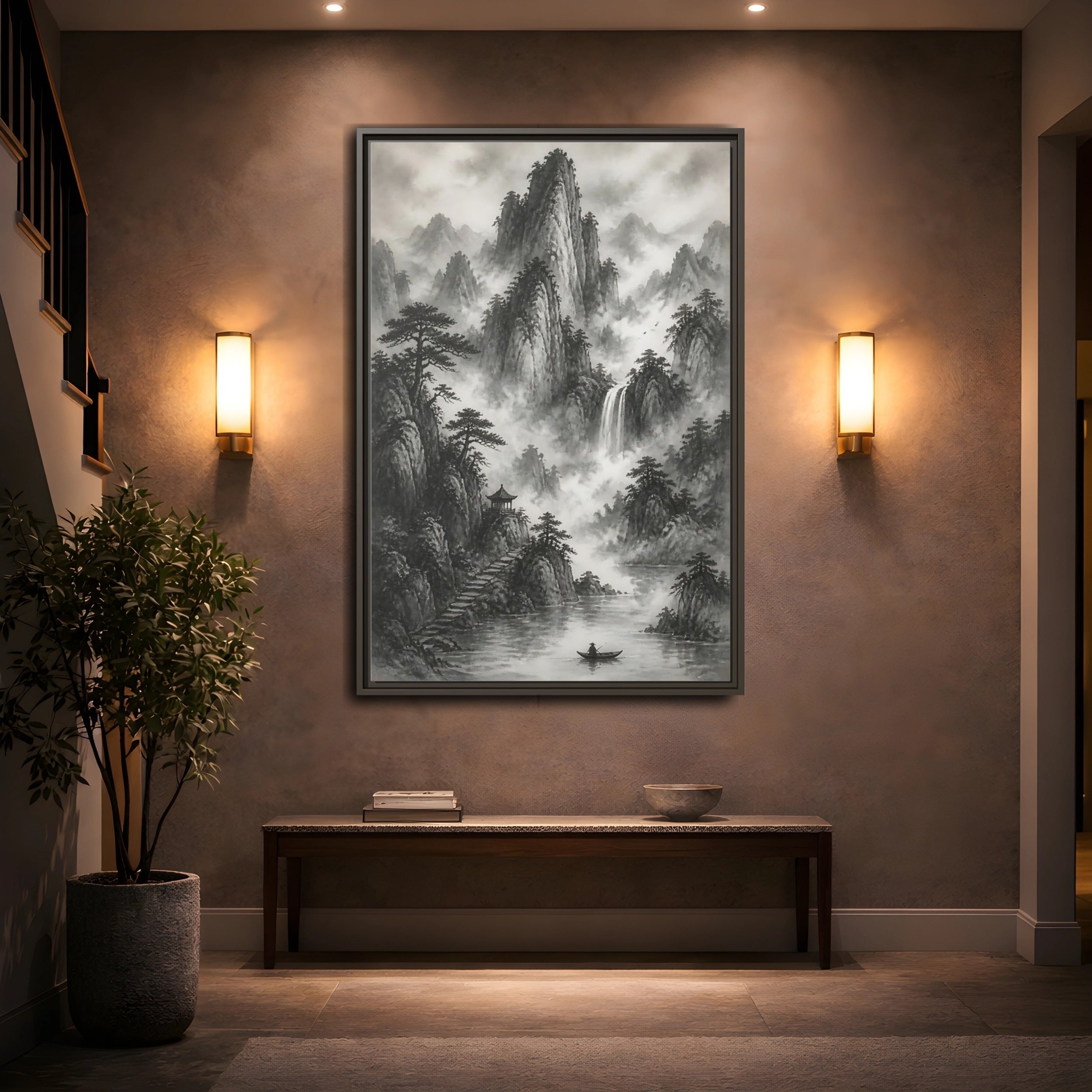 Mockup 2. Nature Mountain Landscape Monochrome Landscape shown as stretched canvas wall art