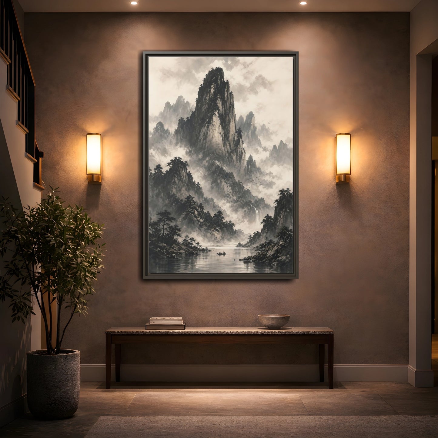 Mockup 2. Nature Mountain Landscape Monochrome Landscape shown as stretched canvas wall art