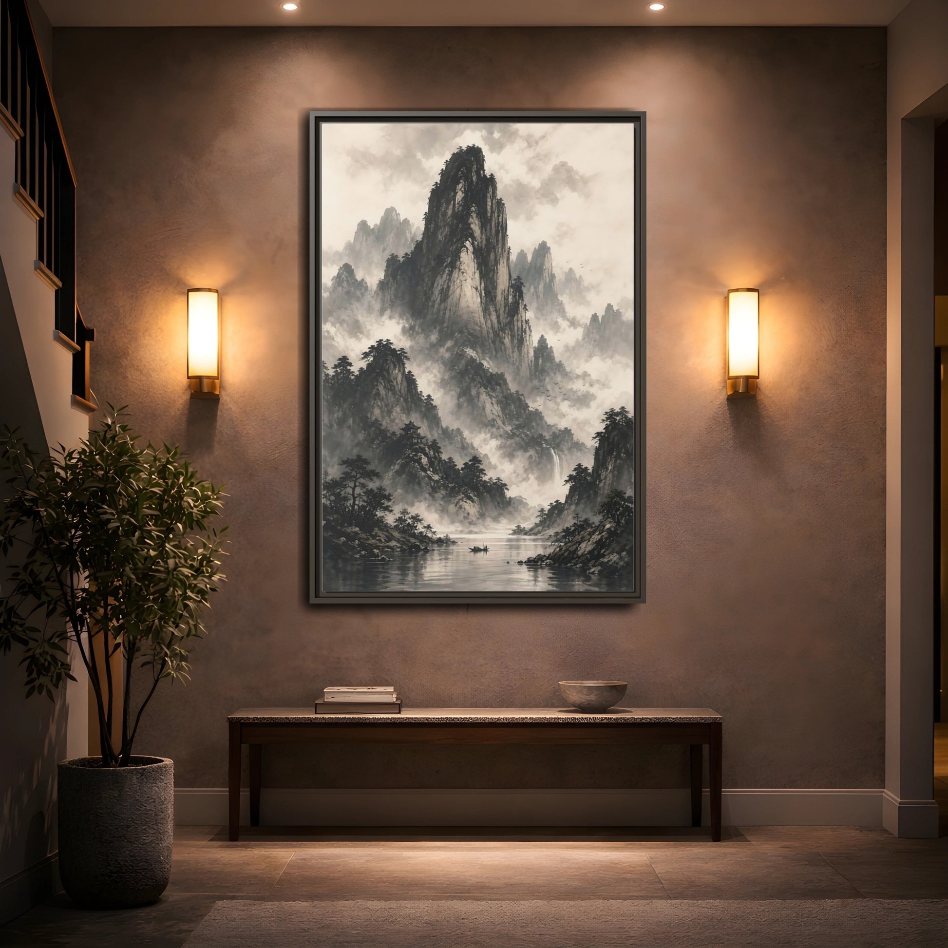 Mockup 2. Nature Mountain Landscape Monochrome Landscape shown as stretched canvas wall art