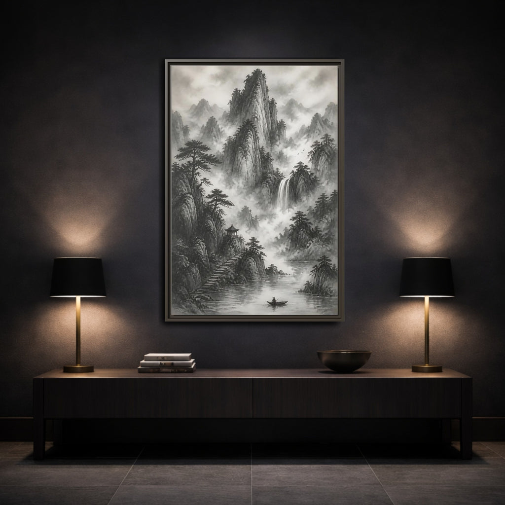 Mockup 3. Nature Mountain Landscape Monochrome Landscape shown as stretched canvas wall art