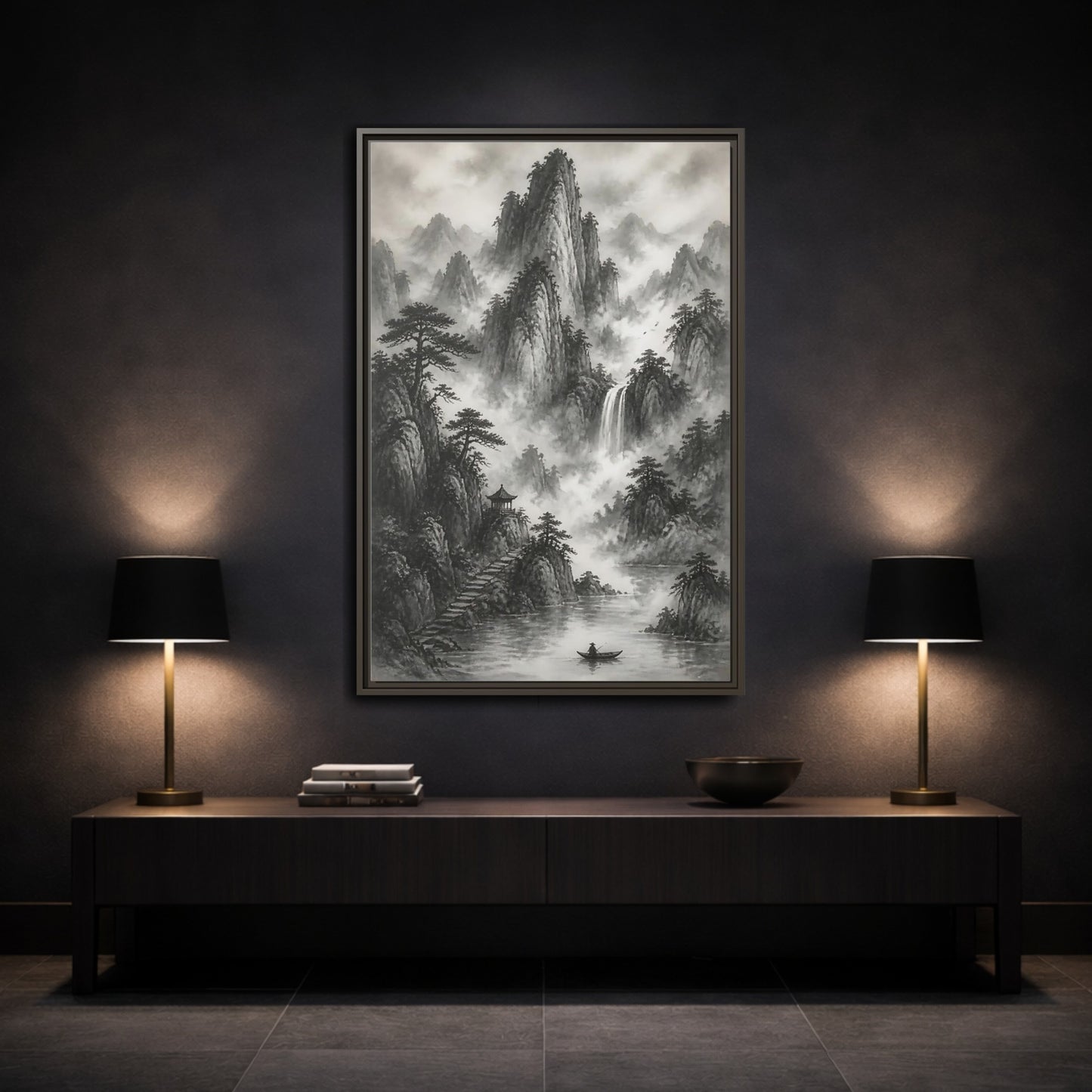 Mockup 3. Nature Mountain Landscape Monochrome Landscape shown as stretched canvas wall art