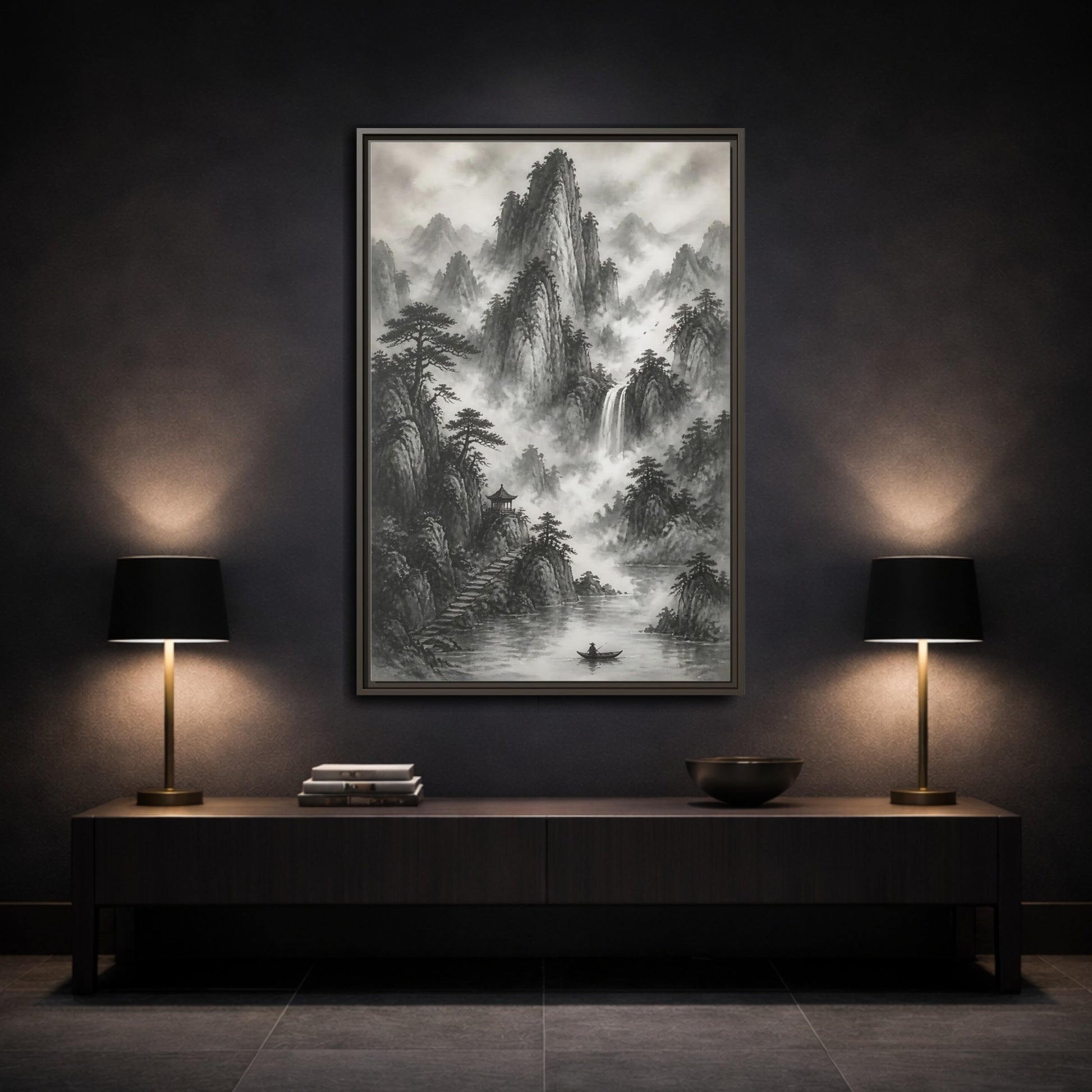 Mockup 3. Nature Mountain Landscape Monochrome Landscape shown as stretched canvas wall art