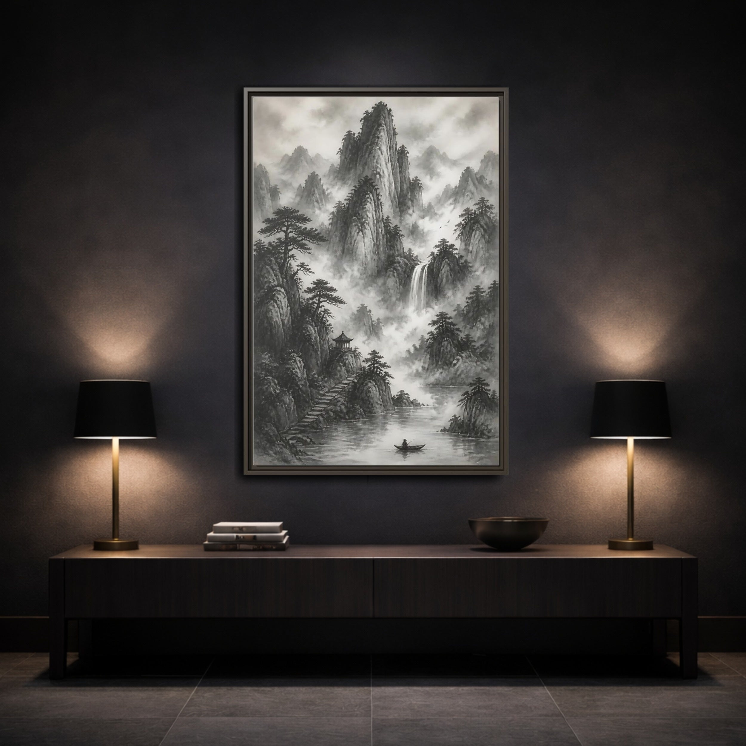 Mockup 3. Nature Mountain Landscape Monochrome Landscape shown as stretched canvas wall art