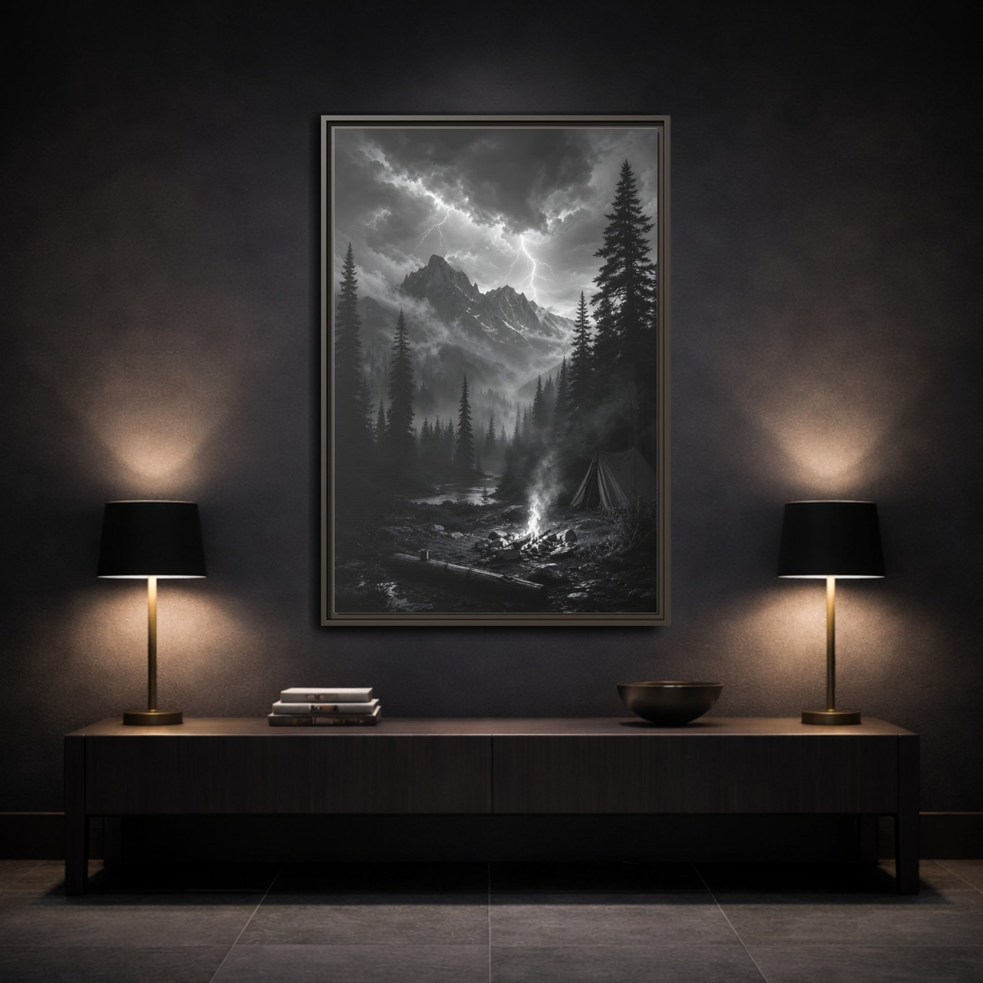 Mockup 3. Nature Mountain Landscape Monochrome Landscape shown as stretched canvas wall art