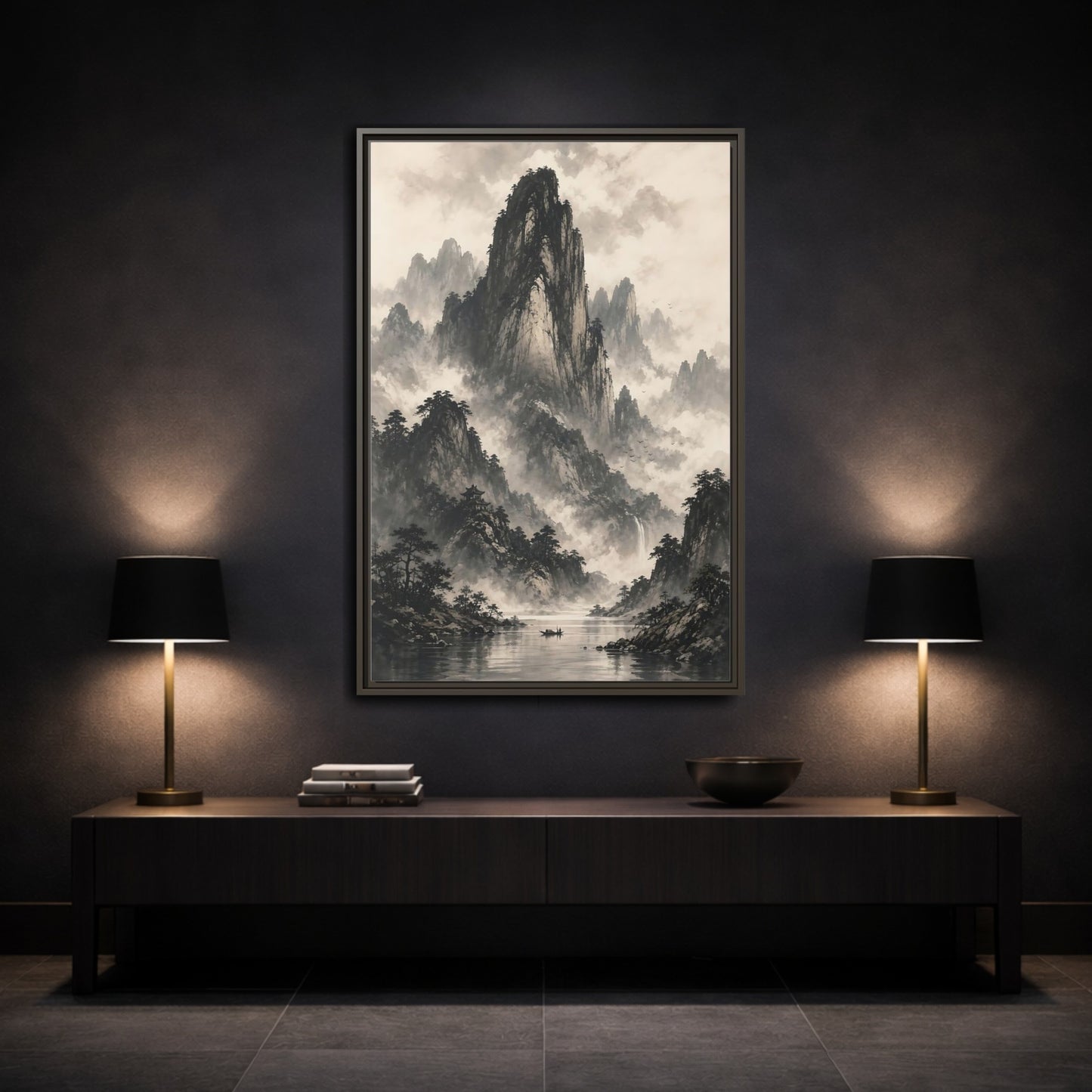 Mockup 3. Nature Mountain Landscape Monochrome Landscape shown as stretched canvas wall art