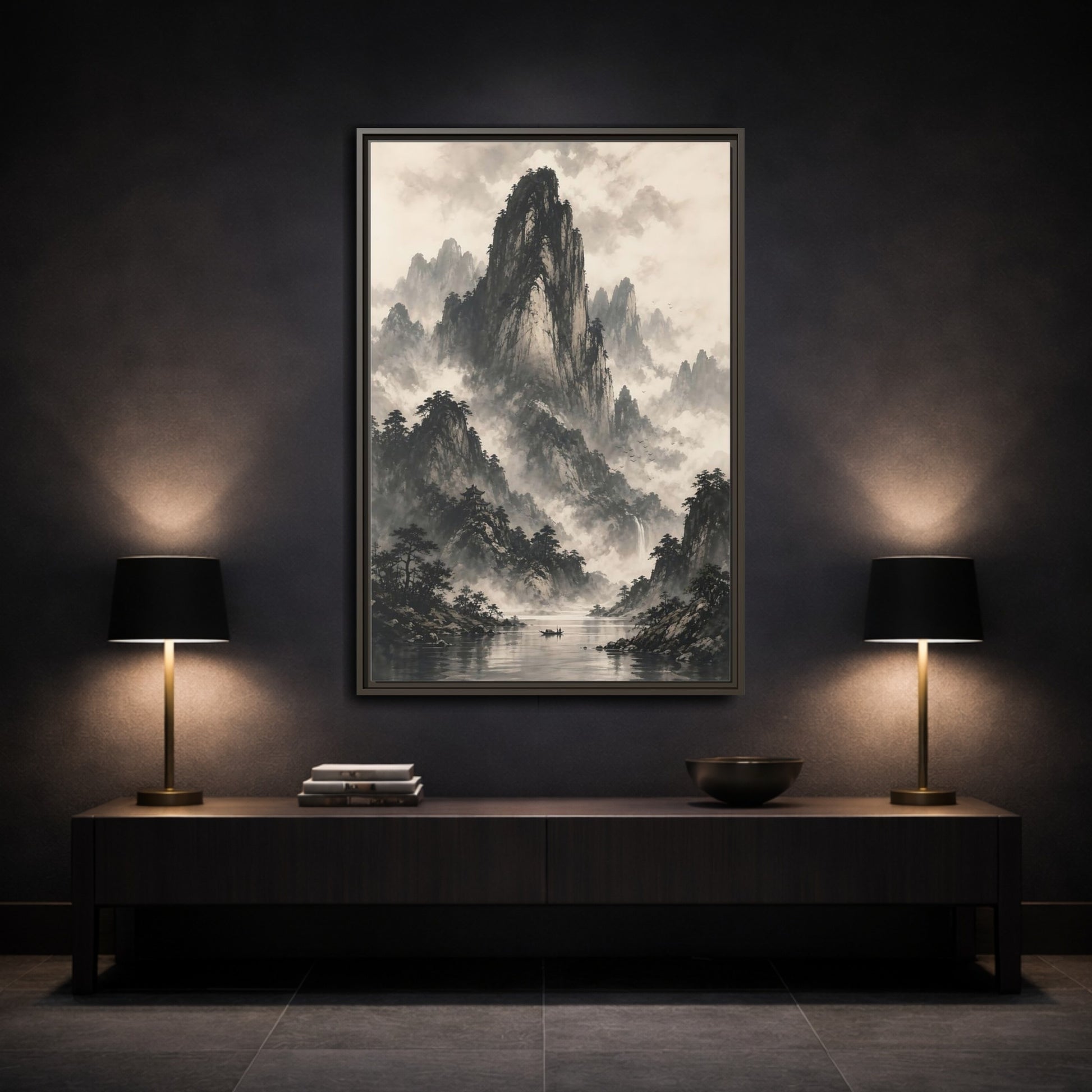 Mockup 3. Nature Mountain Landscape Monochrome Landscape shown as stretched canvas wall art