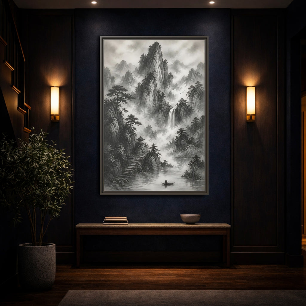Mockup 4. Nature Mountain Landscape Monochrome Landscape shown as stretched canvas wall art