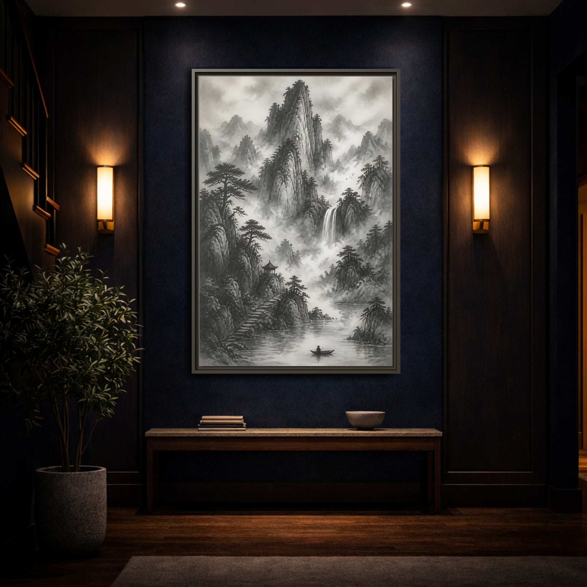 Mockup 4. Nature Mountain Landscape Monochrome Landscape shown as stretched canvas wall art