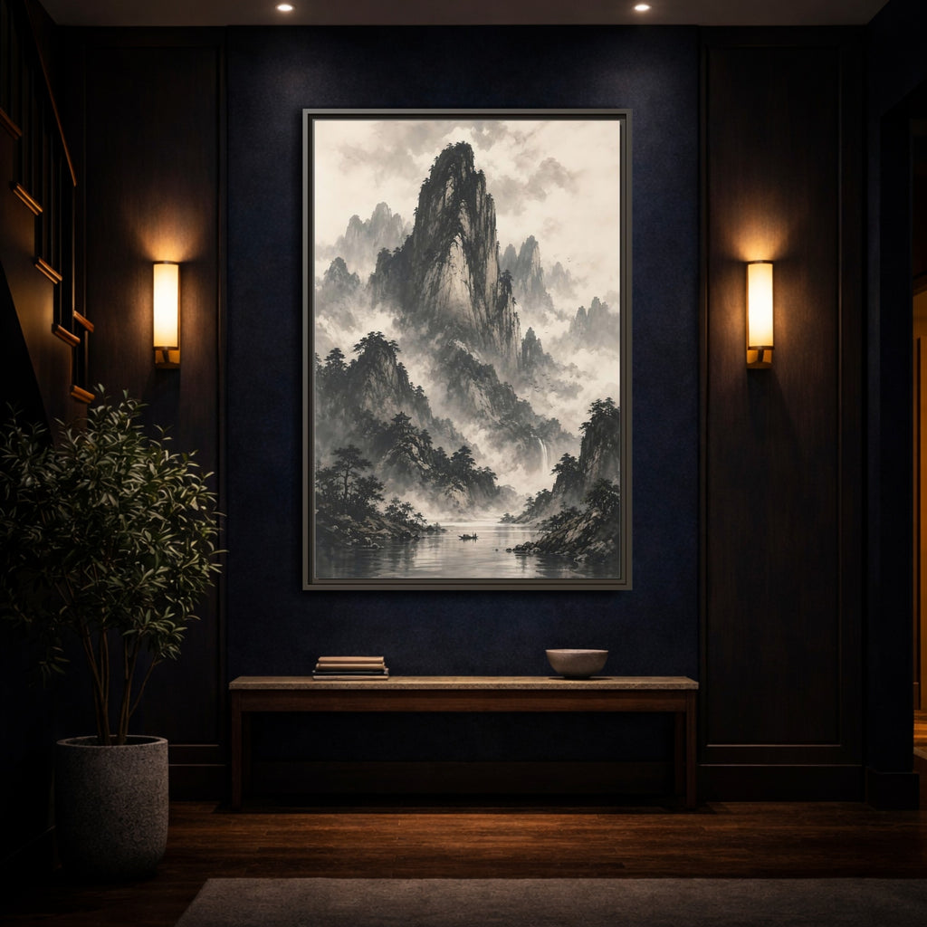 Mockup 4. Nature Mountain Landscape Monochrome Landscape shown as stretched canvas wall art