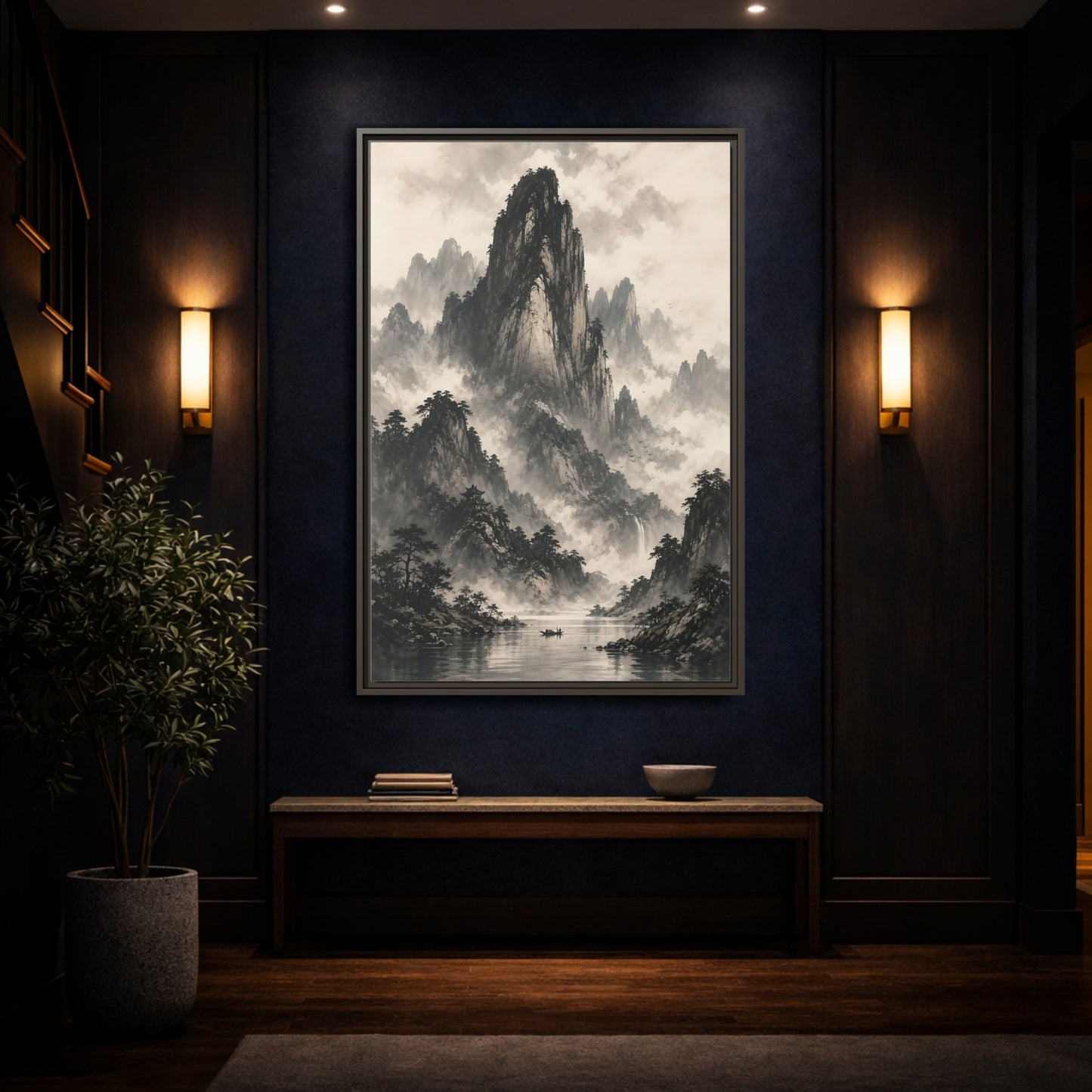 Mockup 4. Nature Mountain Landscape Monochrome Landscape shown as stretched canvas wall art