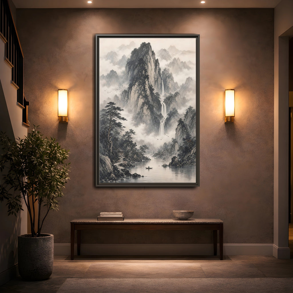 Mockup 2. Nature Mountain Landscape Monochrome Mountains shown as stretched canvas wall art