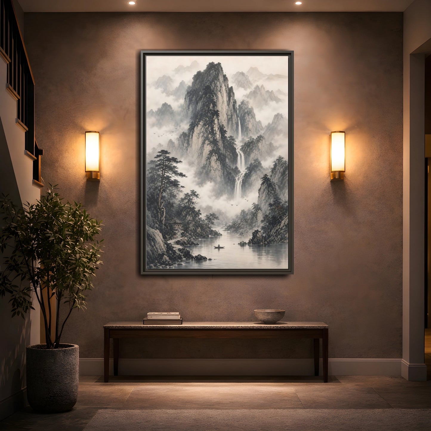 Nature Mountain Landscape Monochrome Framed Canvas Wall Art - Living Room, Above Couch shown as canvas wall art