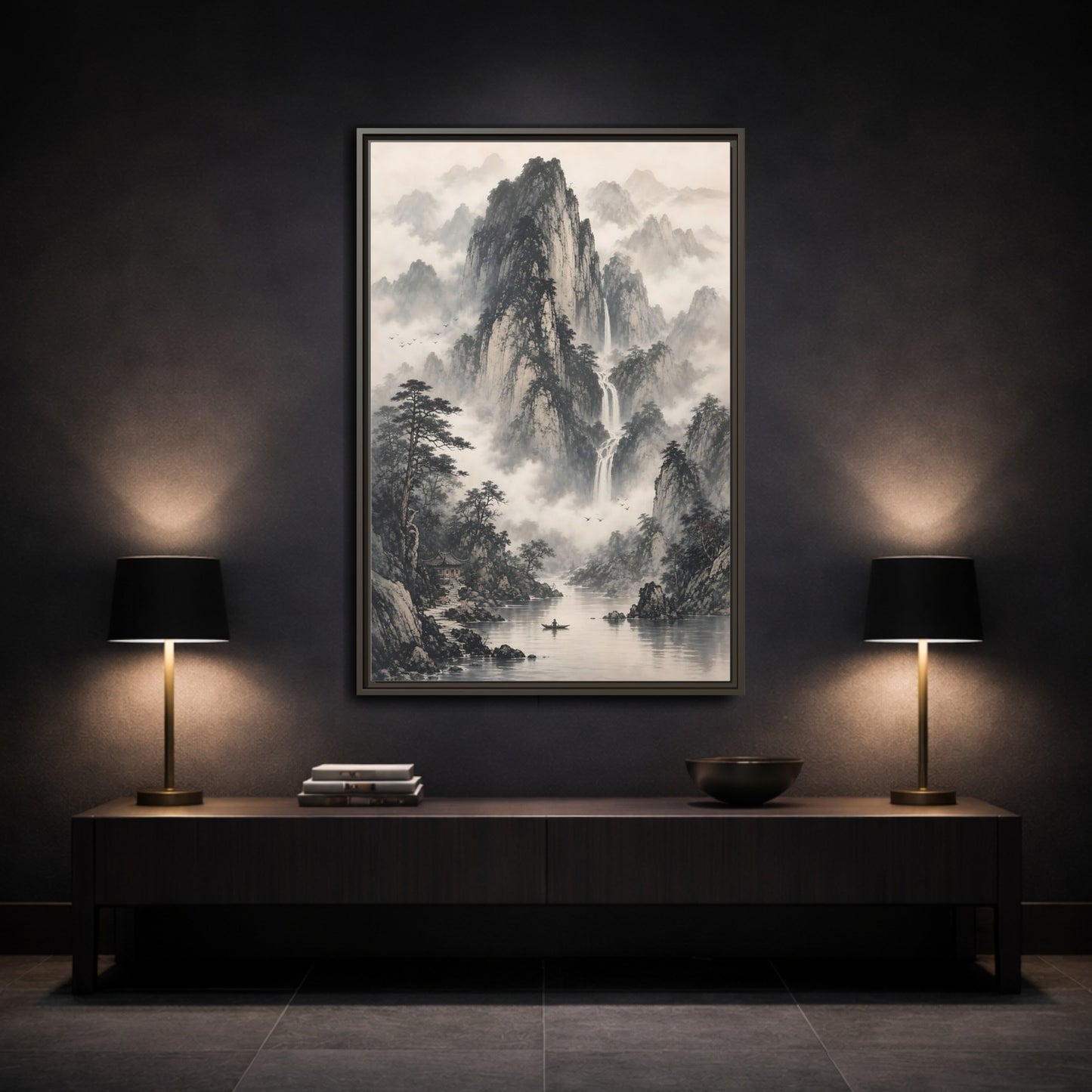 Nature Mountain Landscape Monochrome Framed Canvas Wall Art - Living Room, Above Couch shown as canvas wall art