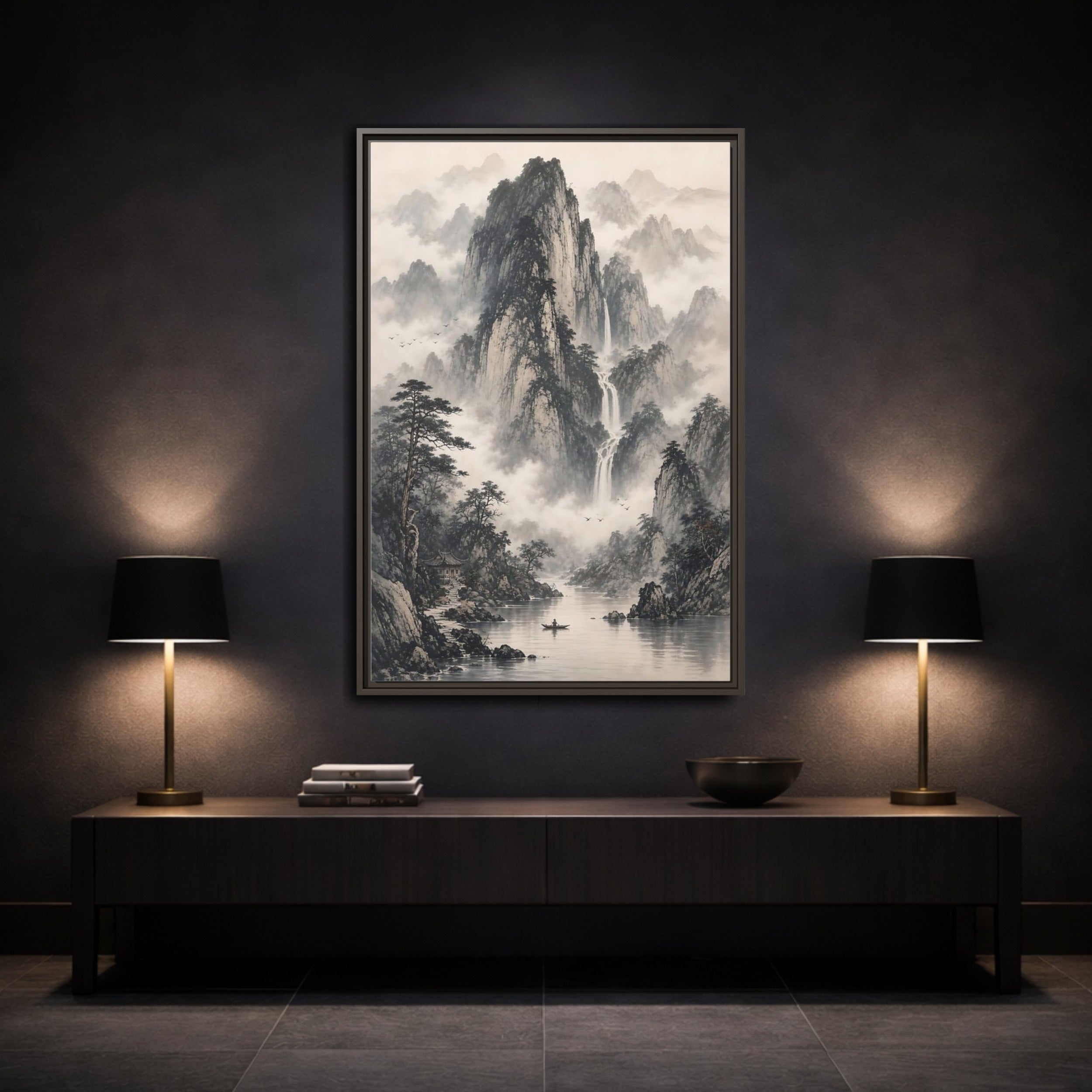 Mockup 3. Nature Mountain Landscape Monochrome Mountains shown as stretched canvas wall art