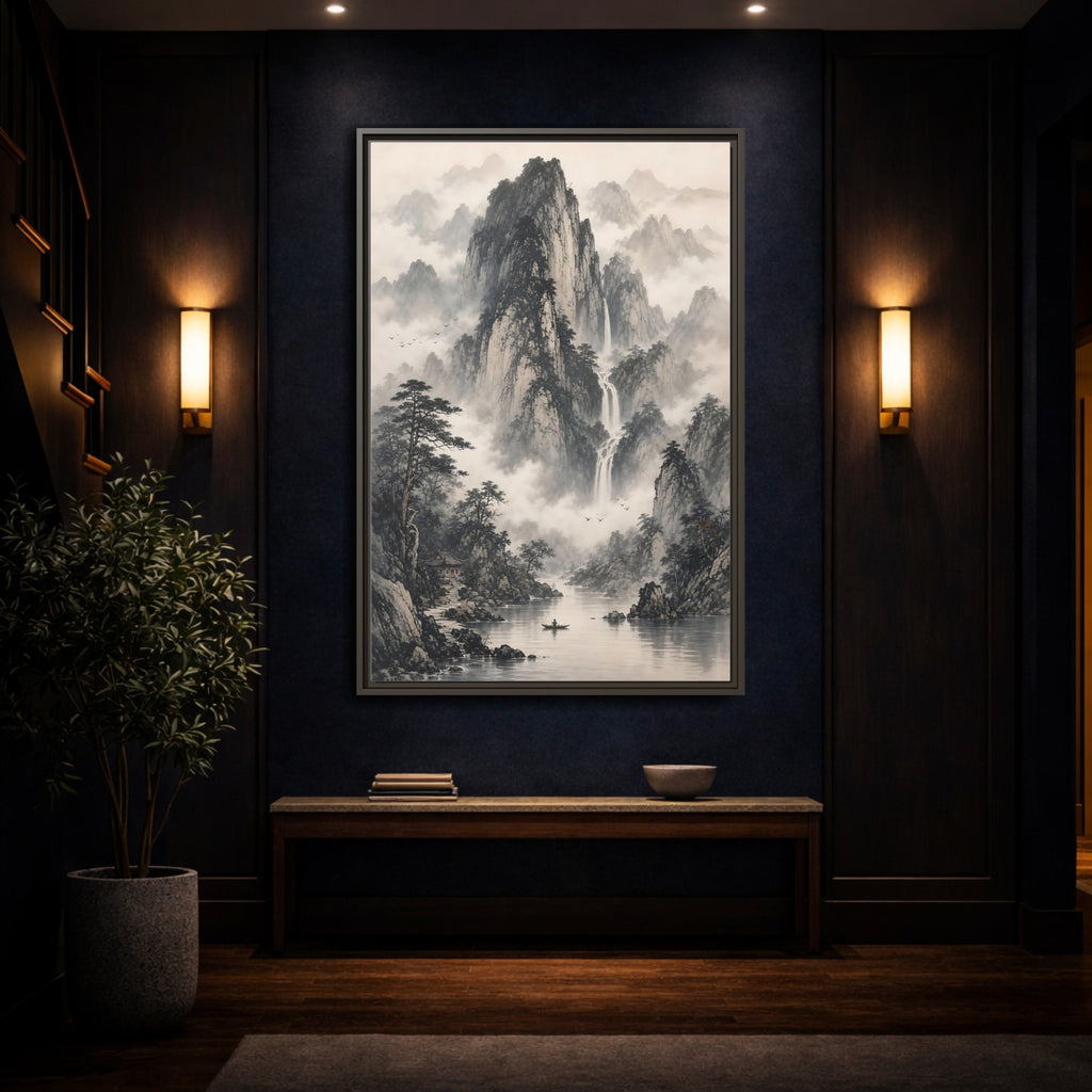 Mockup 4. Nature Mountain Landscape Monochrome Mountains shown as stretched canvas wall art