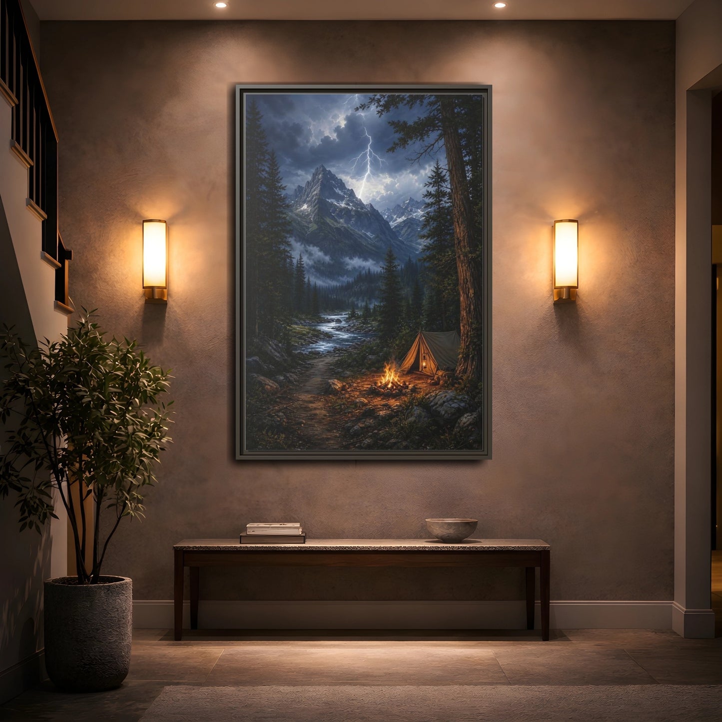 Mockup 2. Nature Mountain Landscape Mountain Storm Camp shown as stretched canvas wall art