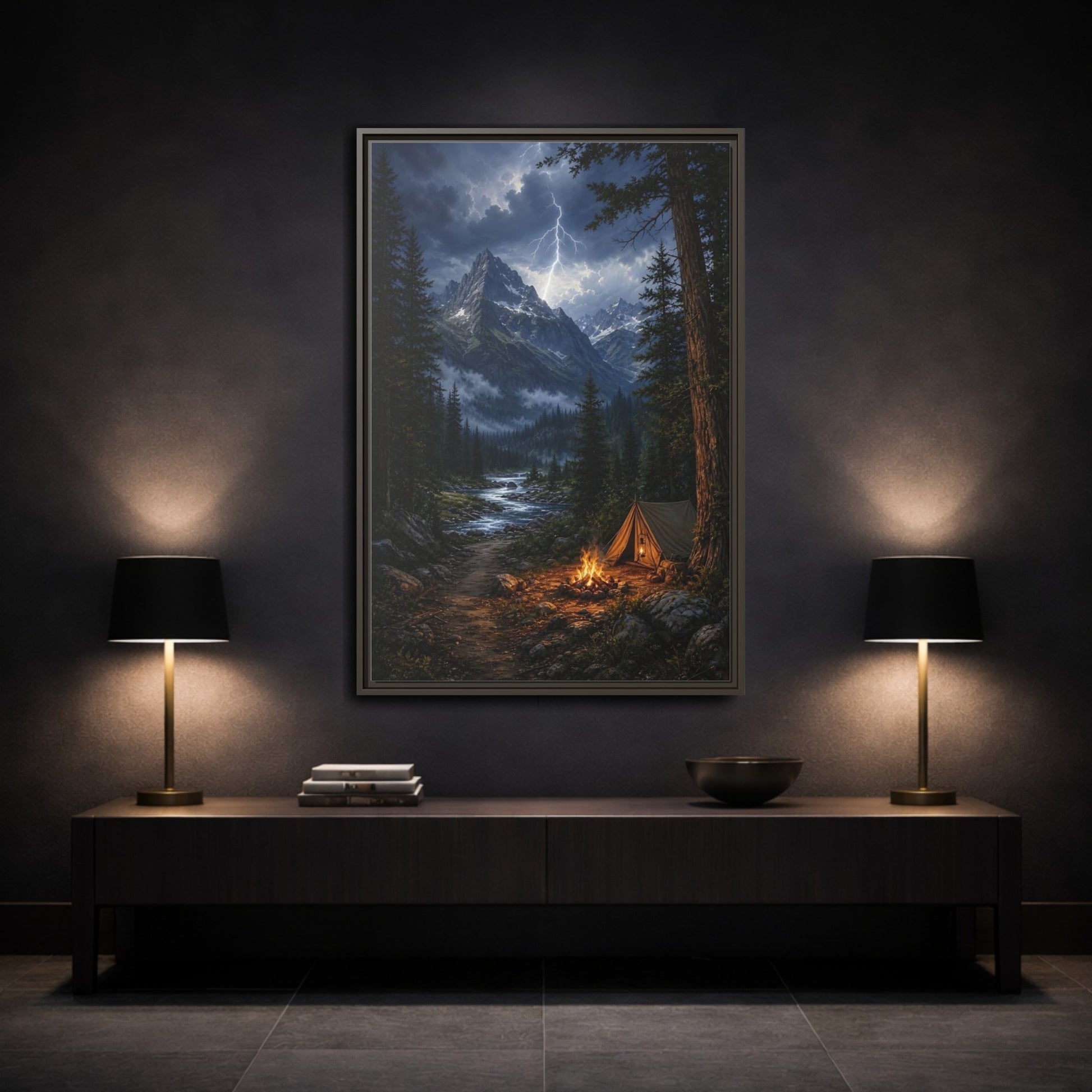 Mockup 3. Nature Mountain Landscape Mountain Storm Camp shown as stretched canvas wall art